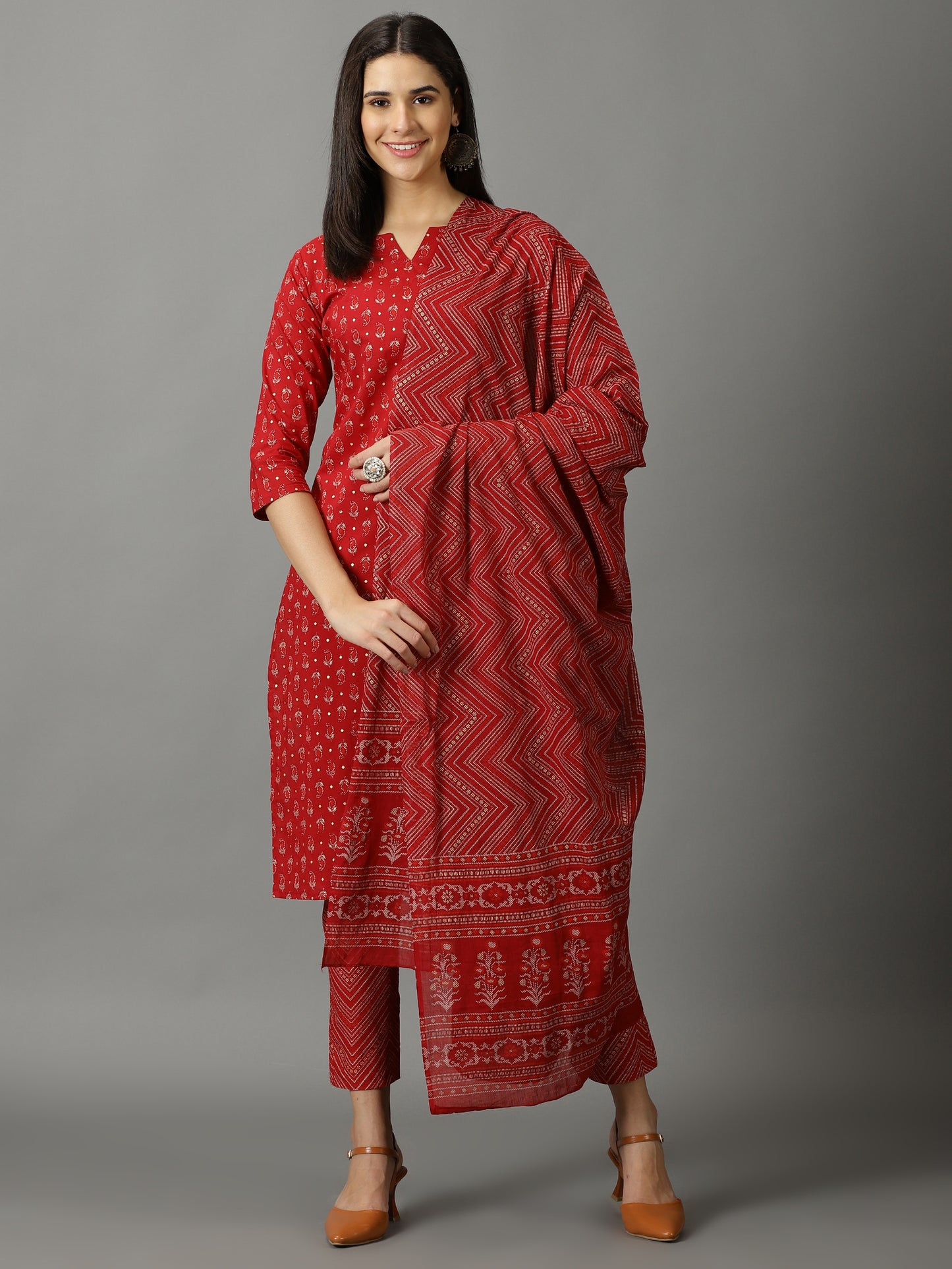 Maroon Cotton Straight Kurta With Trouser & Dupatta