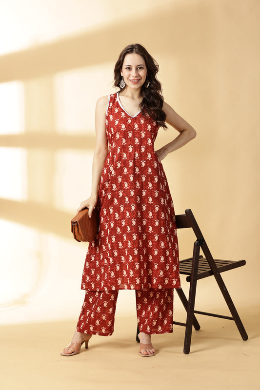 Women Brown Cotton Printed Kurta & Palazzo