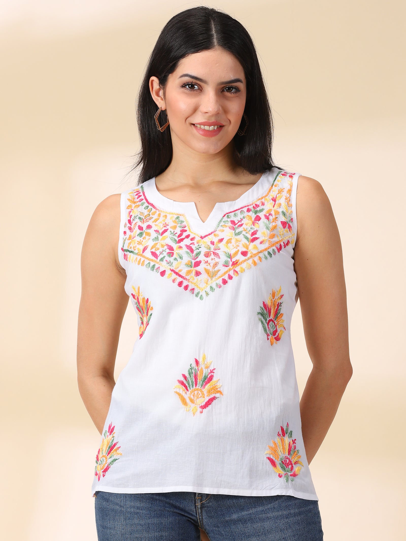 Women White Cotton Multi Embroidered Sleeveless Top