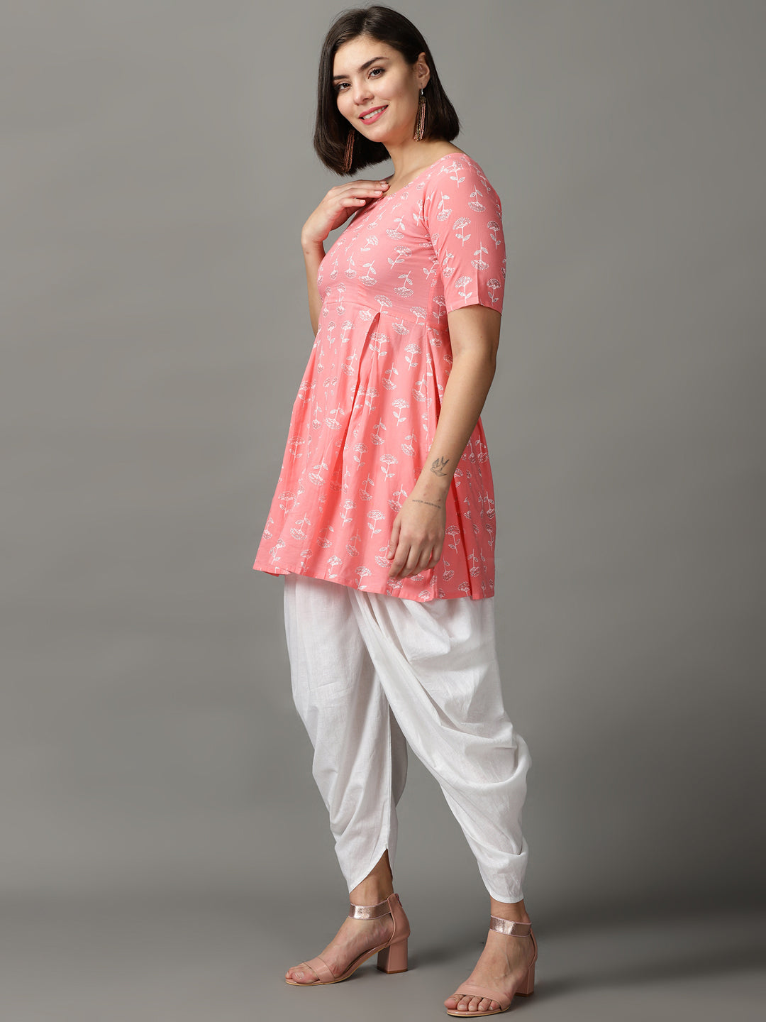 Pink Printed Cotton Kurta With Dhoti
