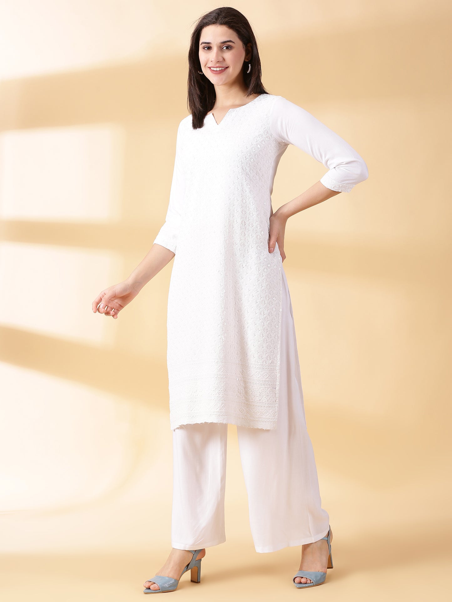 Women White Reyon Kurta With Palazzos
