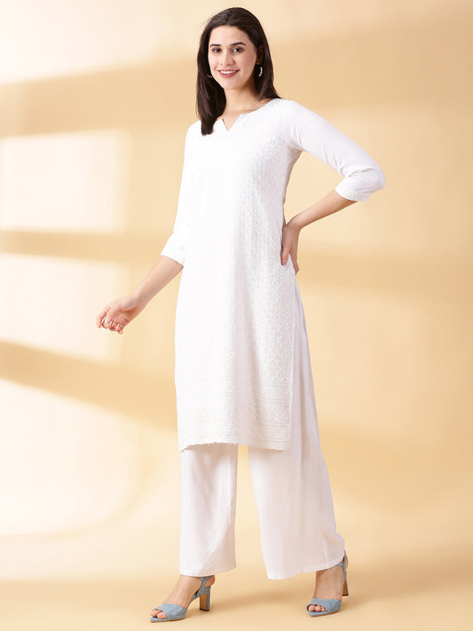 Women White Reyon Kurta With Palazzos