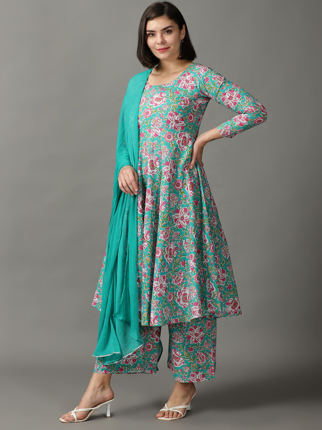 Multi Printed Cotton Anarkali Kurta With Palazzos & Dupatta