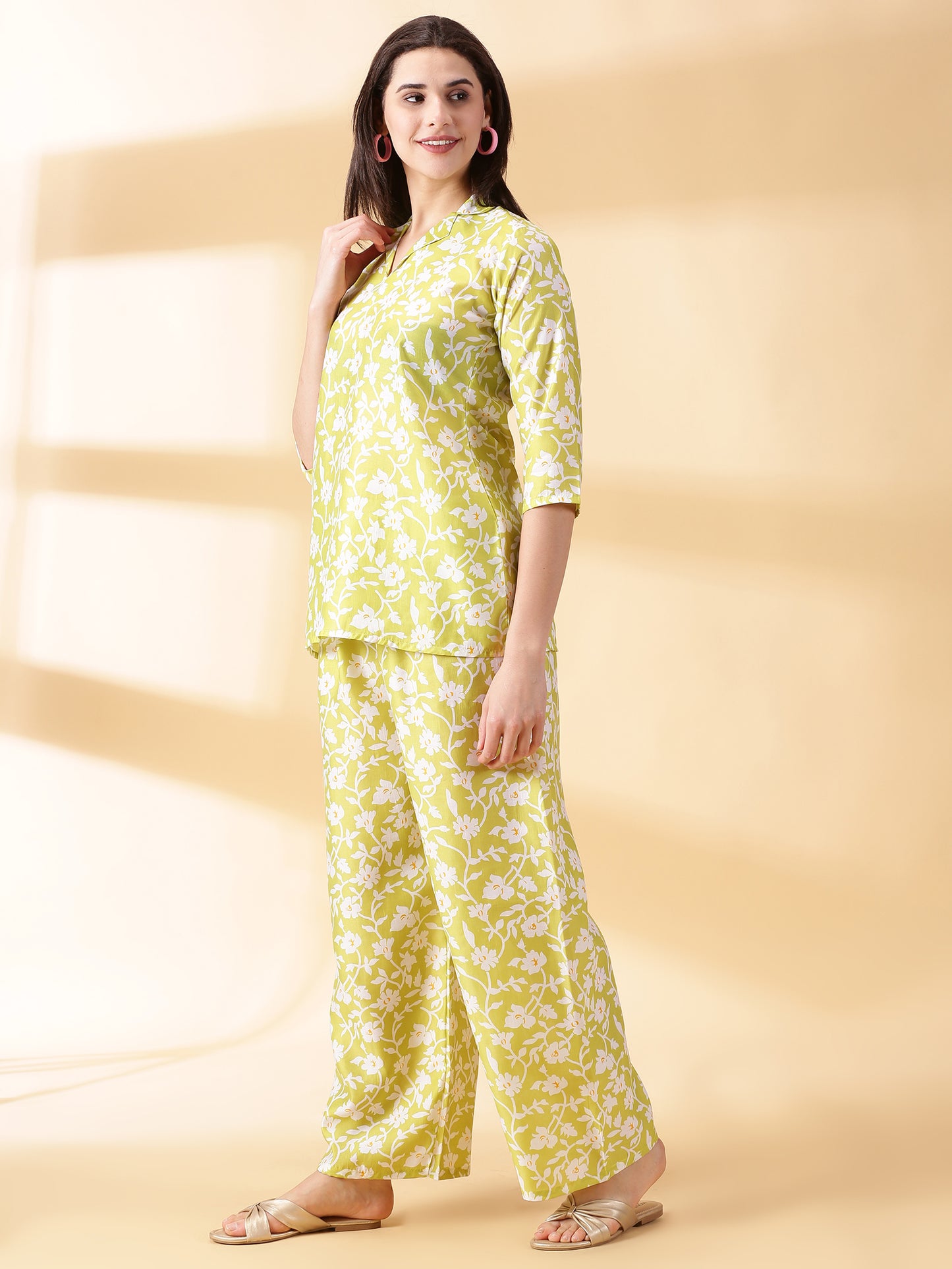 Women Green Cotton Mix Polyster Co-Ord-Set