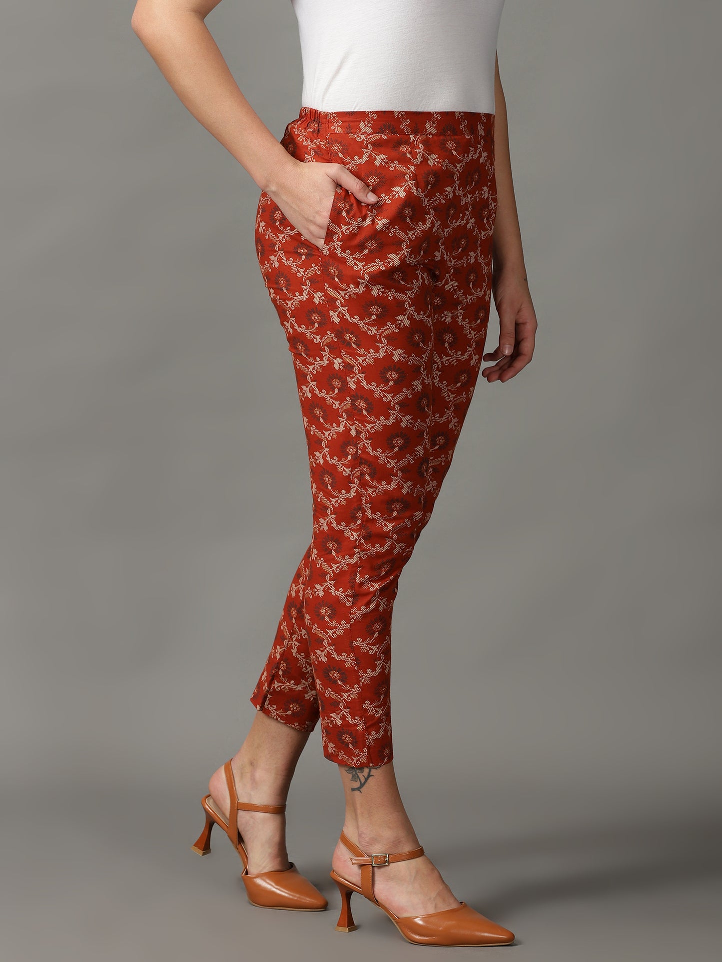 Brown Printed Cotton Trousers