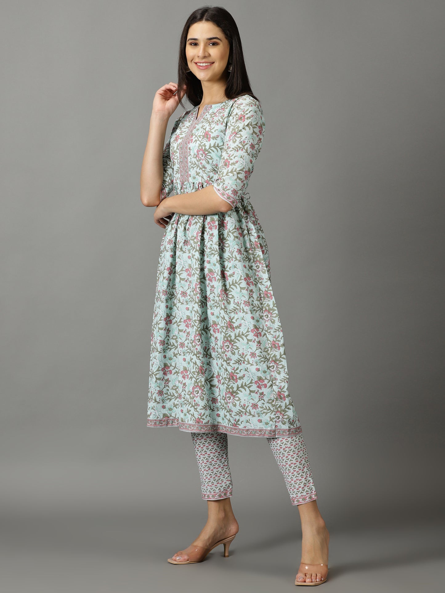 Blue Printed A-Line Cotton Kurta With Trouser & Dupatta