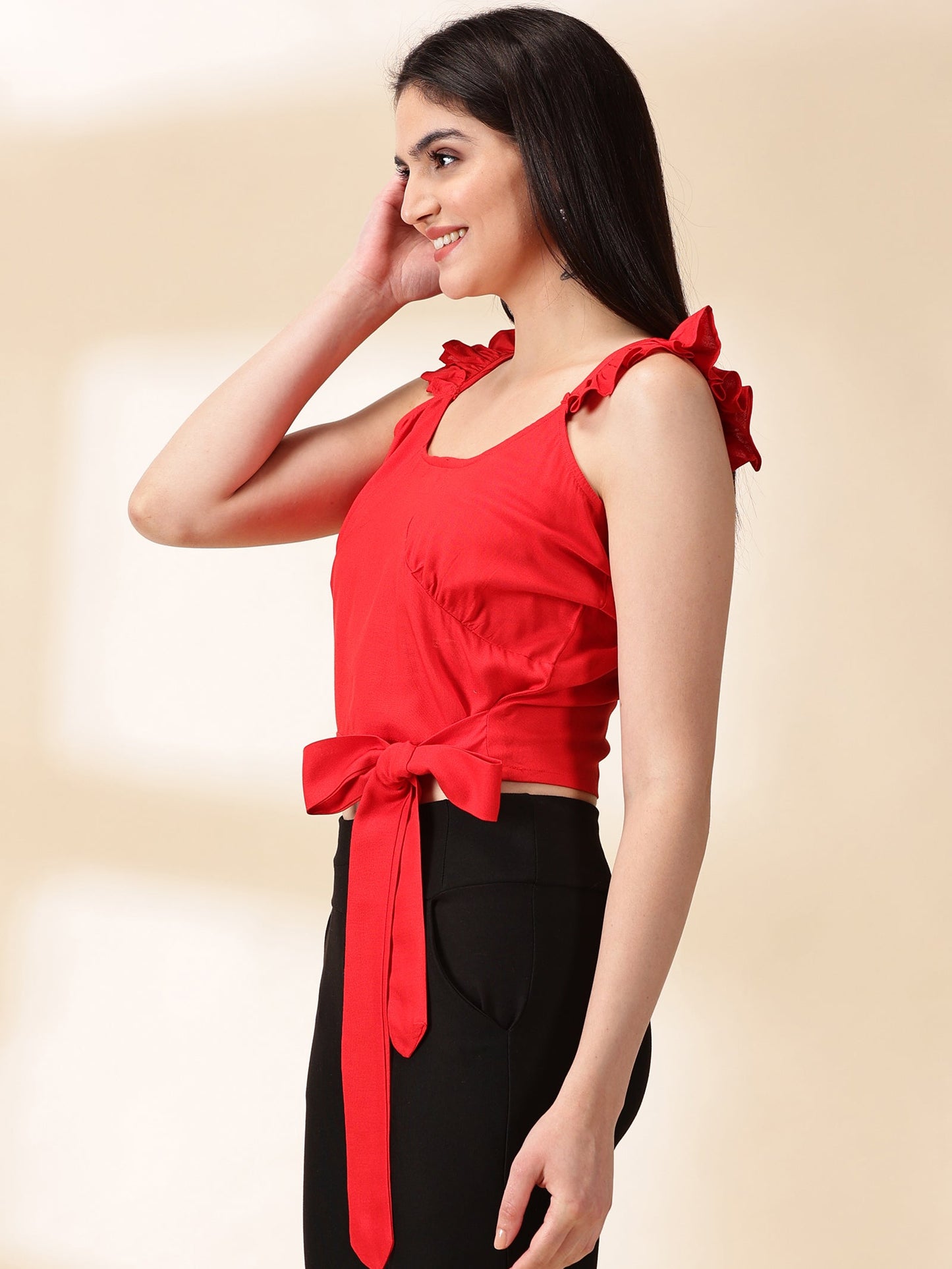 Women Red Reyon Crop Top