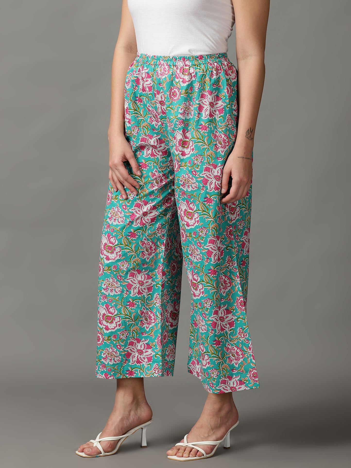 Women Green Flower Print Palazzo