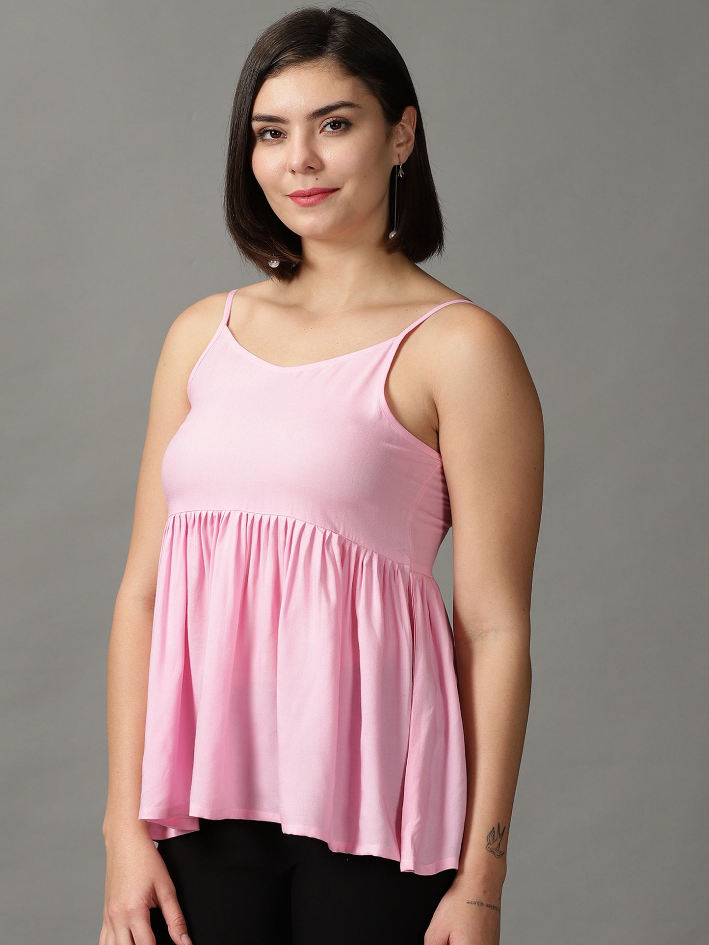 Pink Rayon Sholder Strip A Line Top