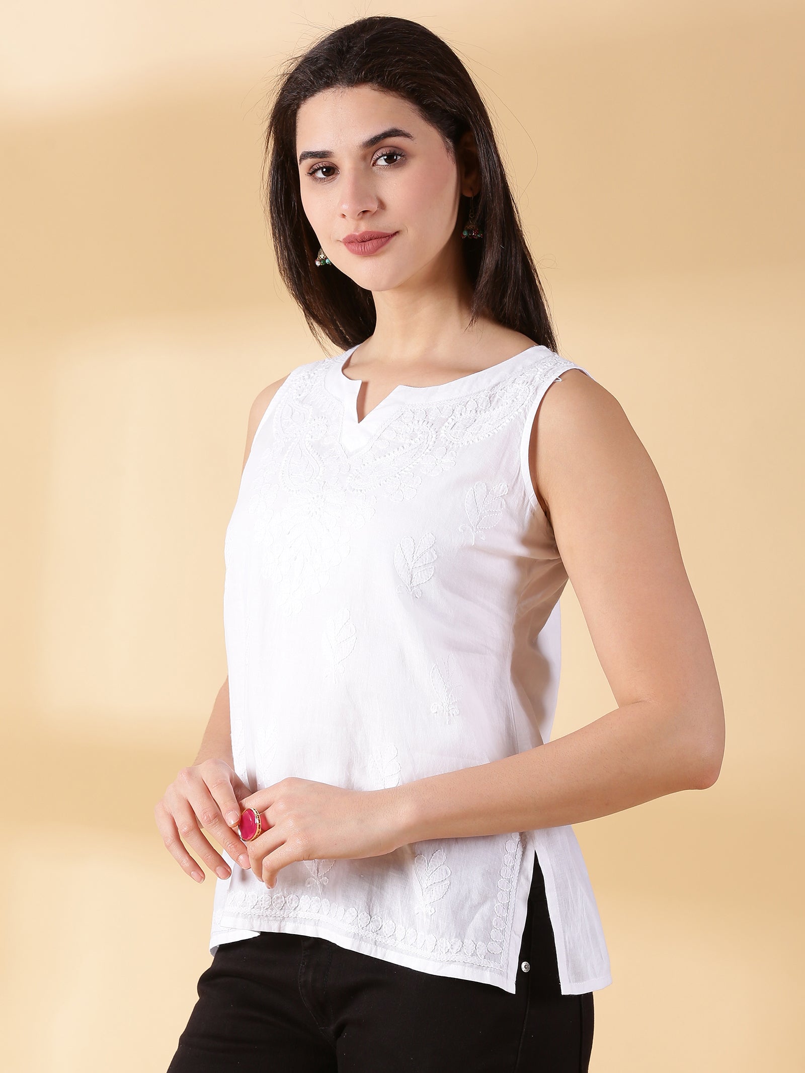 Women White  Cotton Embroidered Top