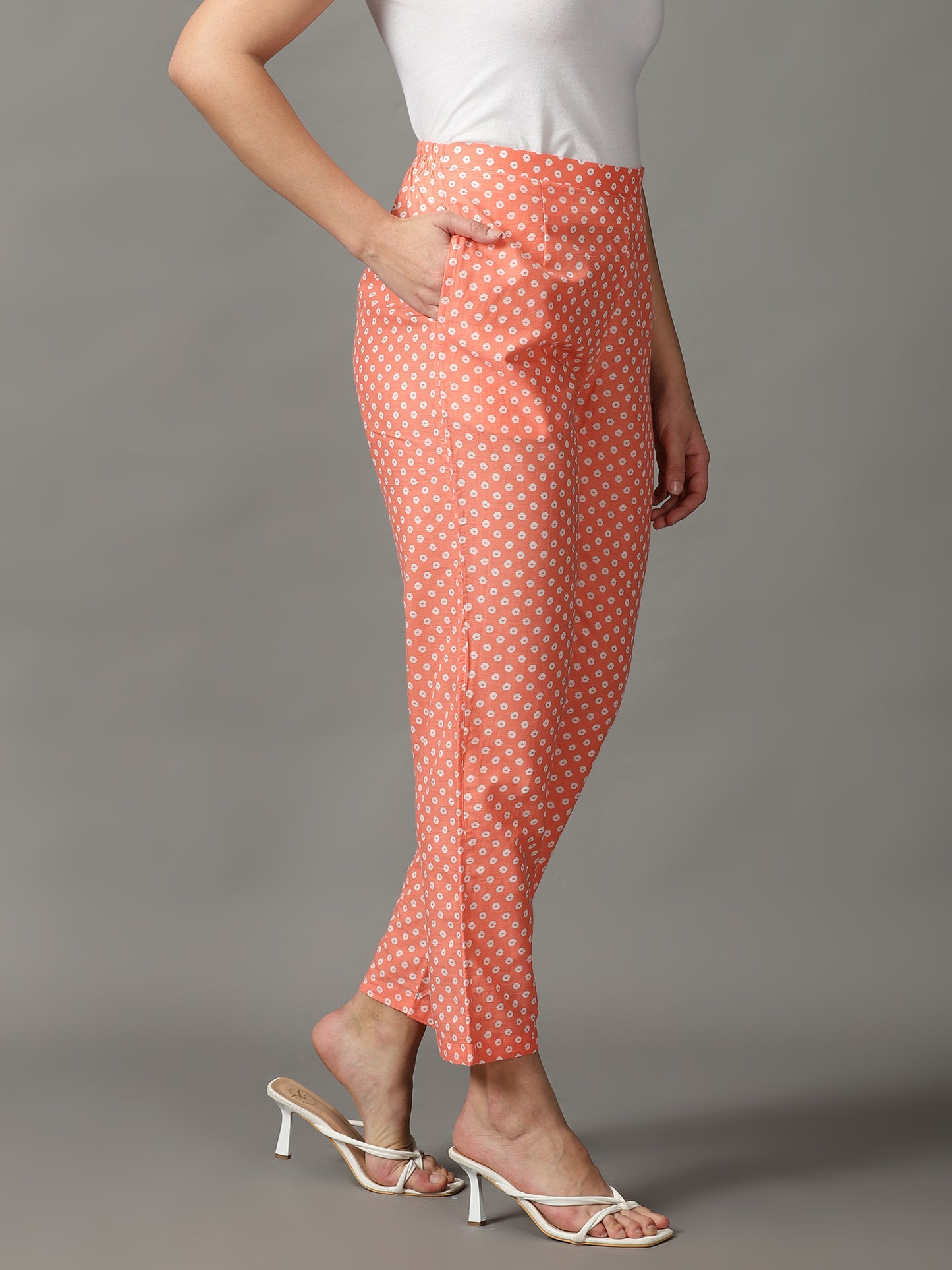Women Peach Printed Cotton Trousers