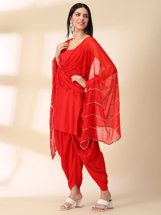Red Rayon Kurta With Dhoti & Dupatta