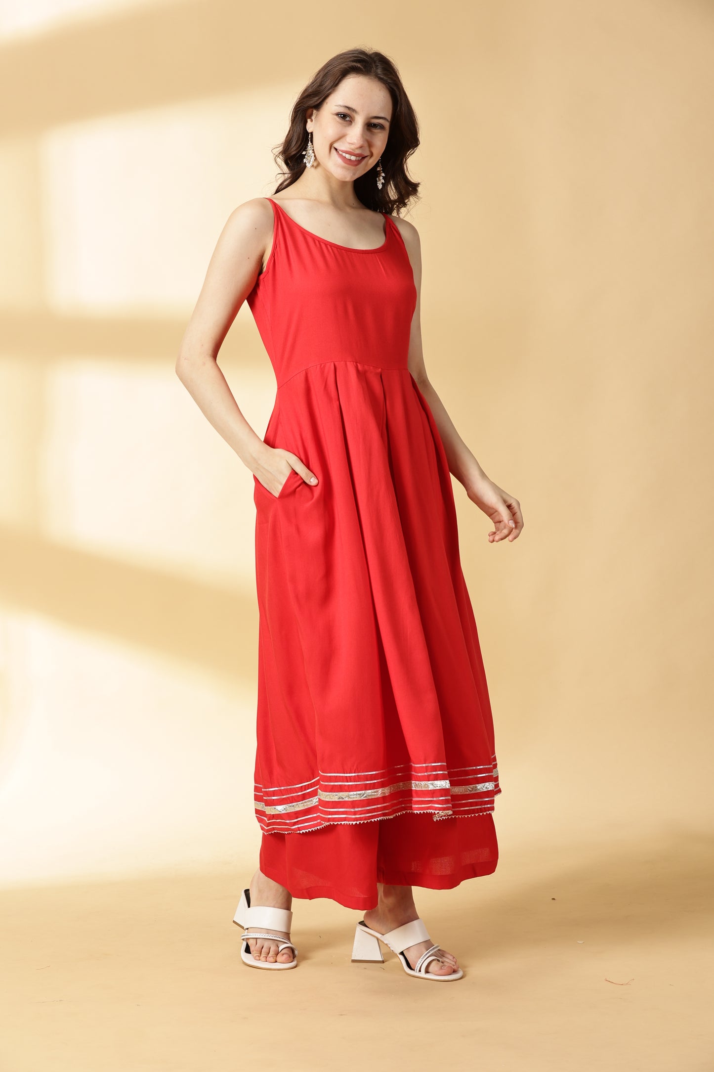Women Red Anarkali Kurta With Palazzo &Dupatta