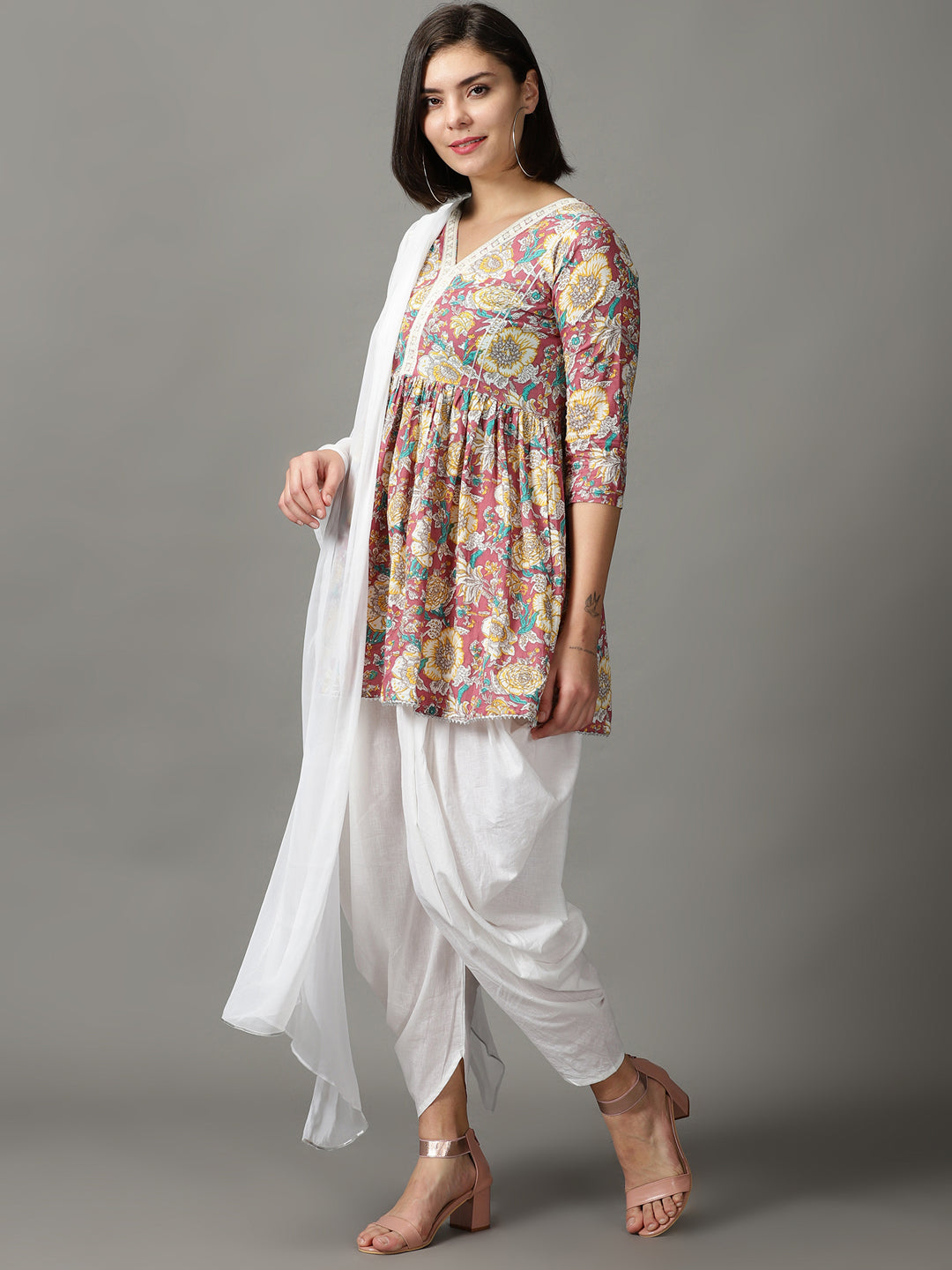 Brown Printed Cotton Kurta With Dhoti & Dupatta