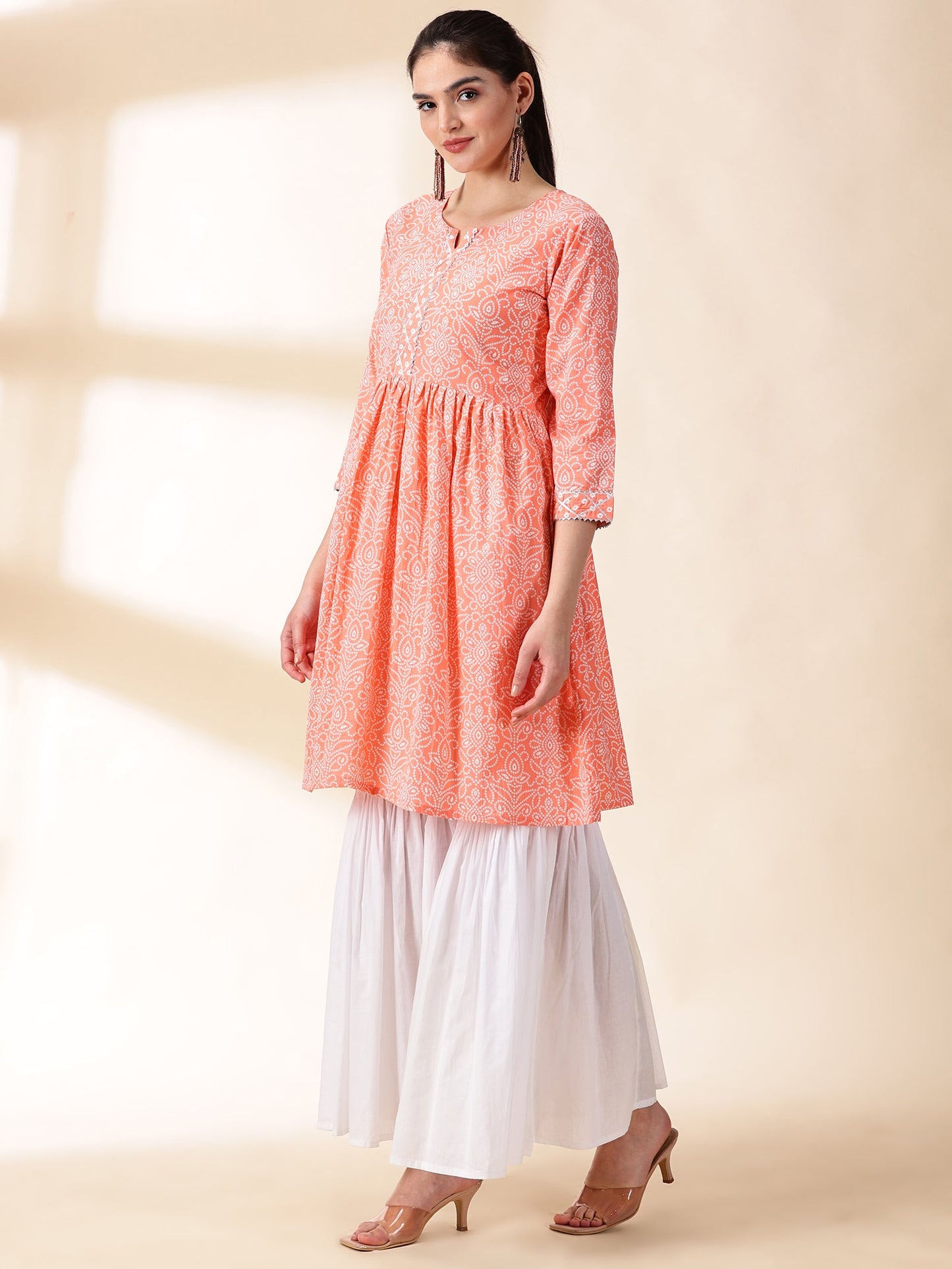 Women Peach Printed Cotton Kurta With Sharara & Duptta