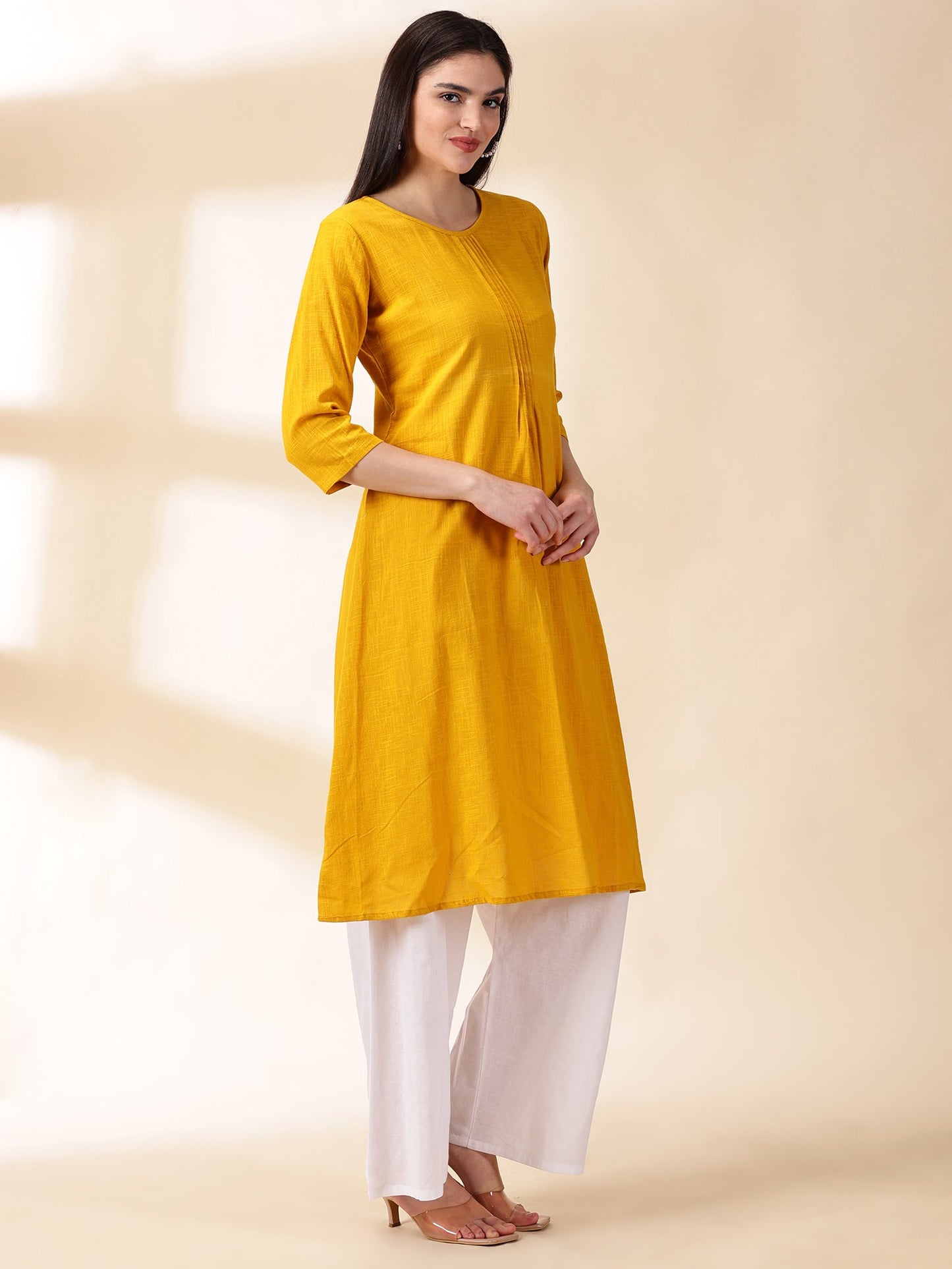 Women yellow Cotton Kurta With palazzos