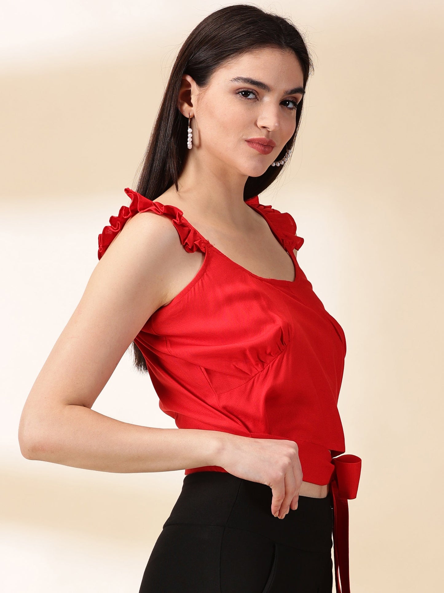 Women Red Reyon Crop Top