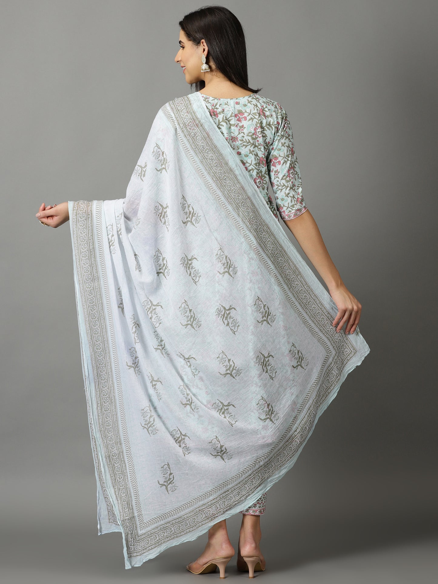 Blue Printed A-Line Cotton Kurta With Trouser & Dupatta