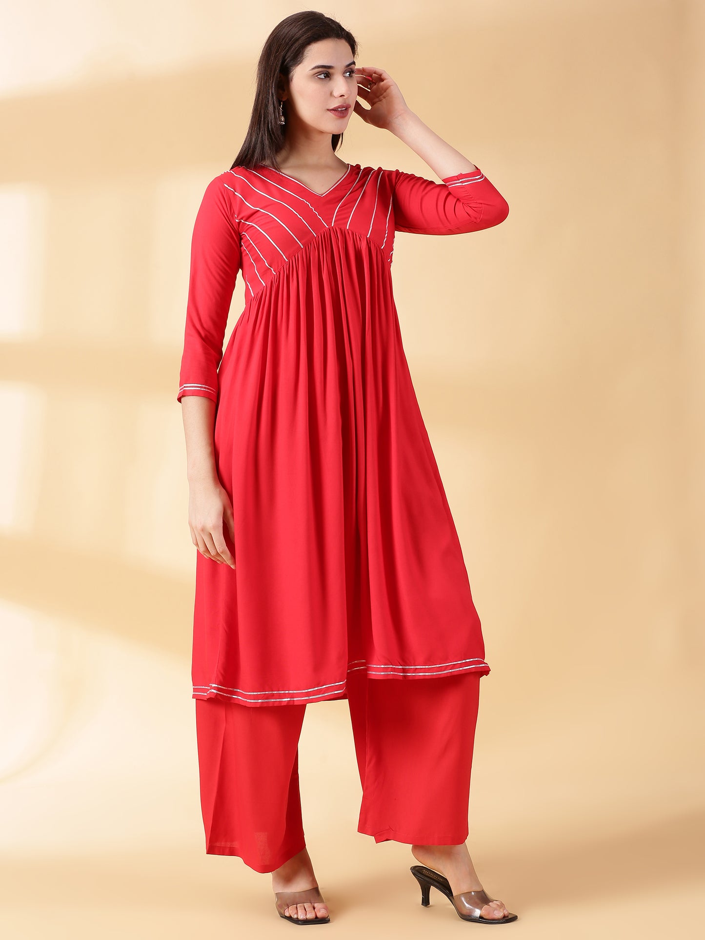 Women Red Reyon Alia Cut Kurta With Palazzos & Dupatta