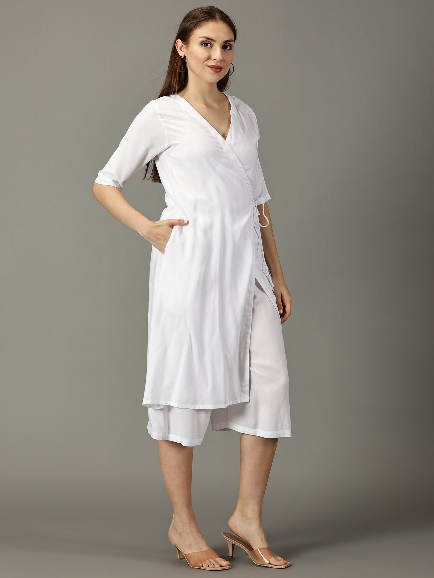 White Angrakha Kurta With Dori Tie Up & Half Palazzos