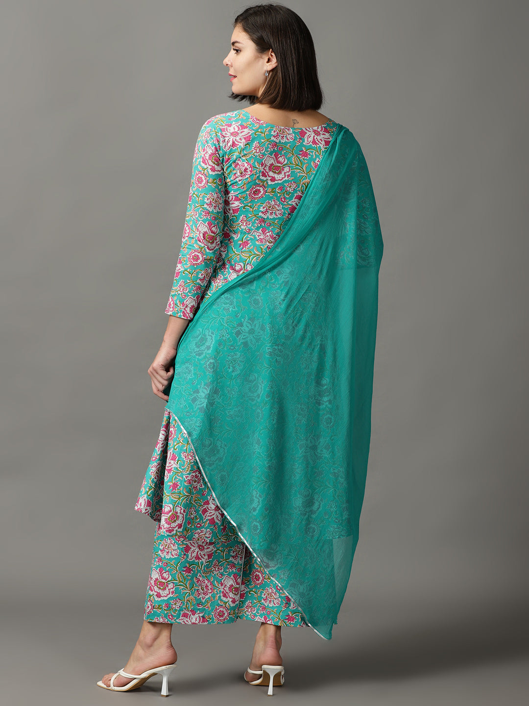Multi Printed Cotton Anarkali Kurta With Palazzos & Dupatta