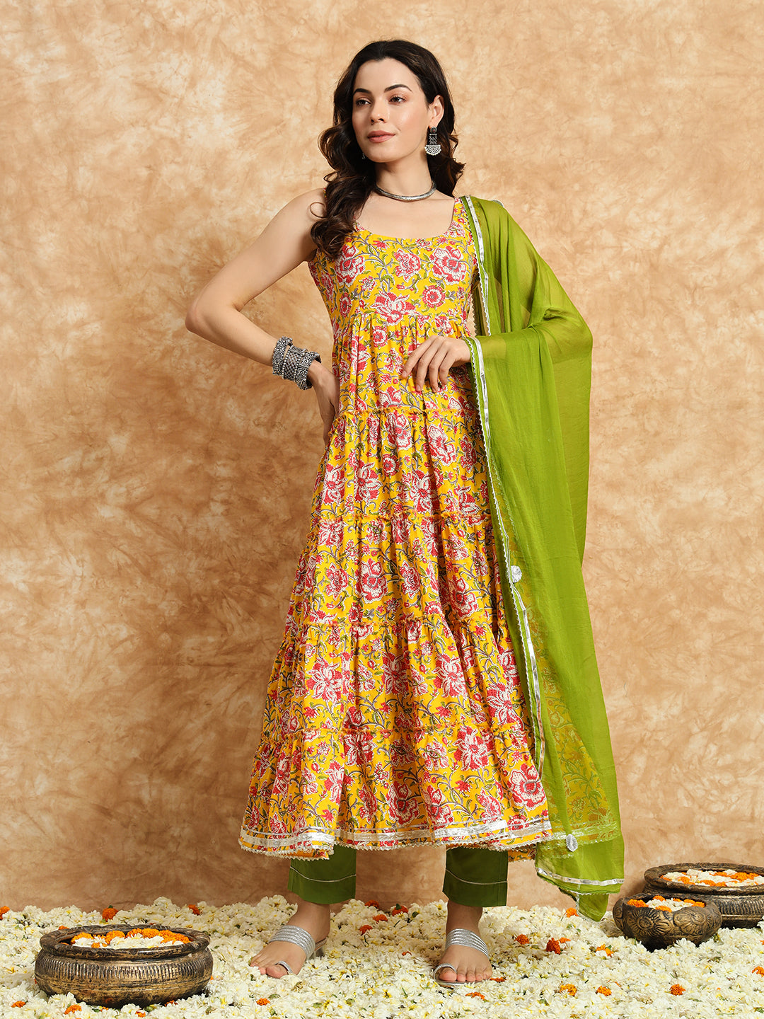 Women Yellow Printed Cotton Suit Set