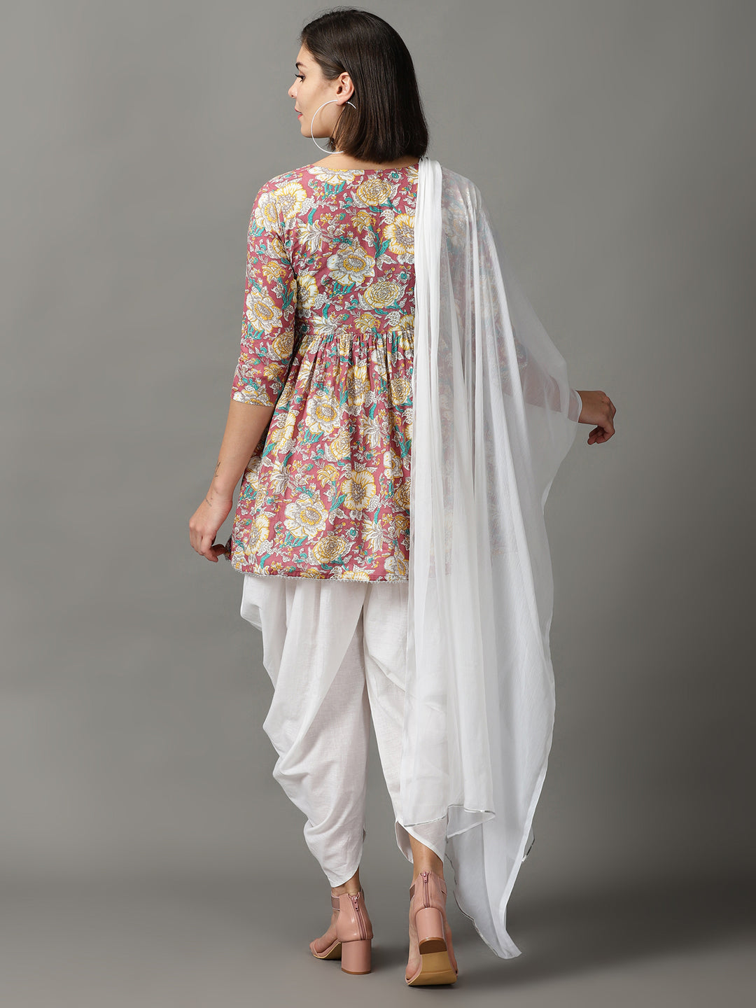 Brown Printed Cotton Kurta With Dhoti & Dupatta