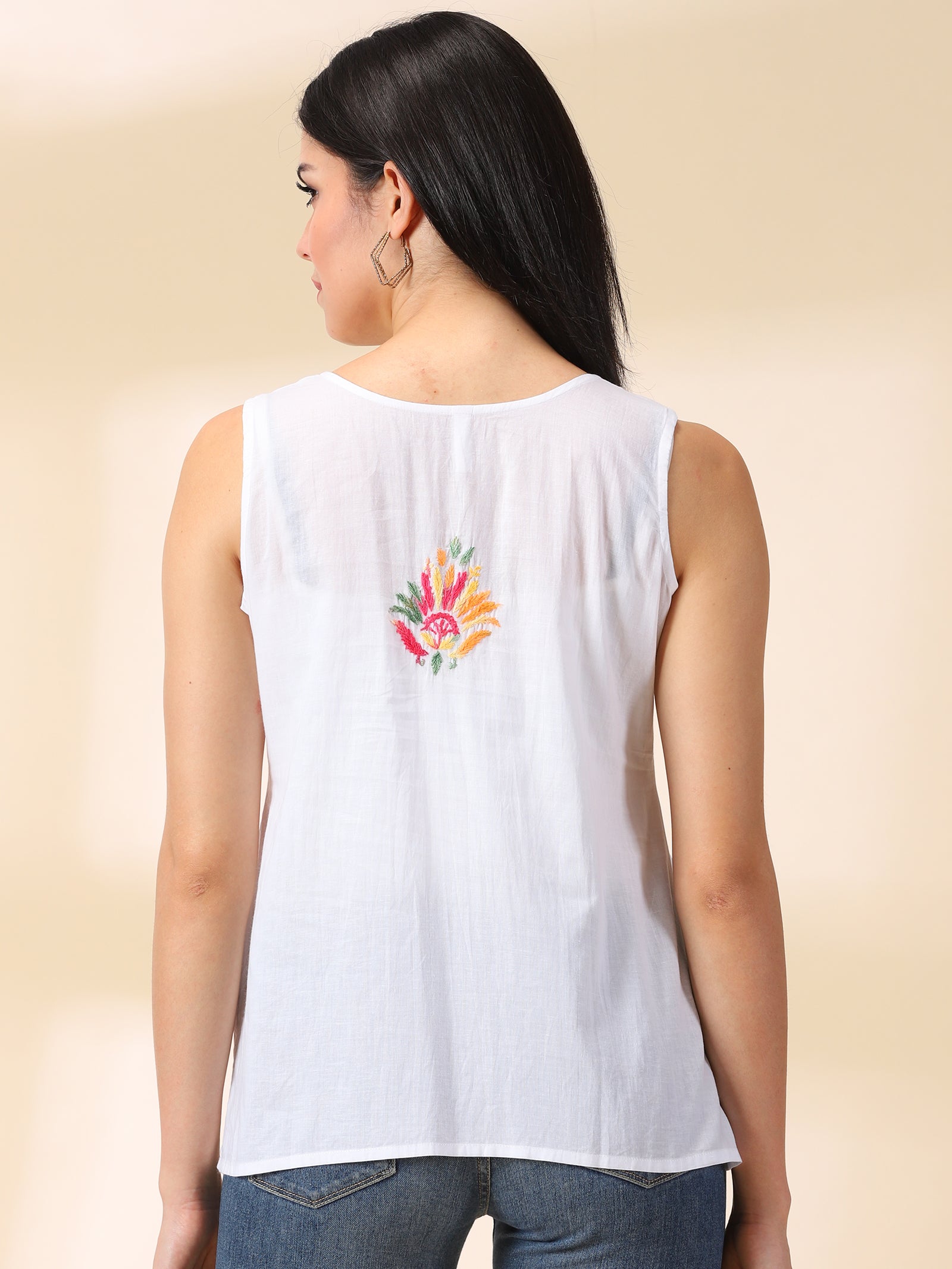 Women White Cotton Multi Embroidered Sleeveless Top