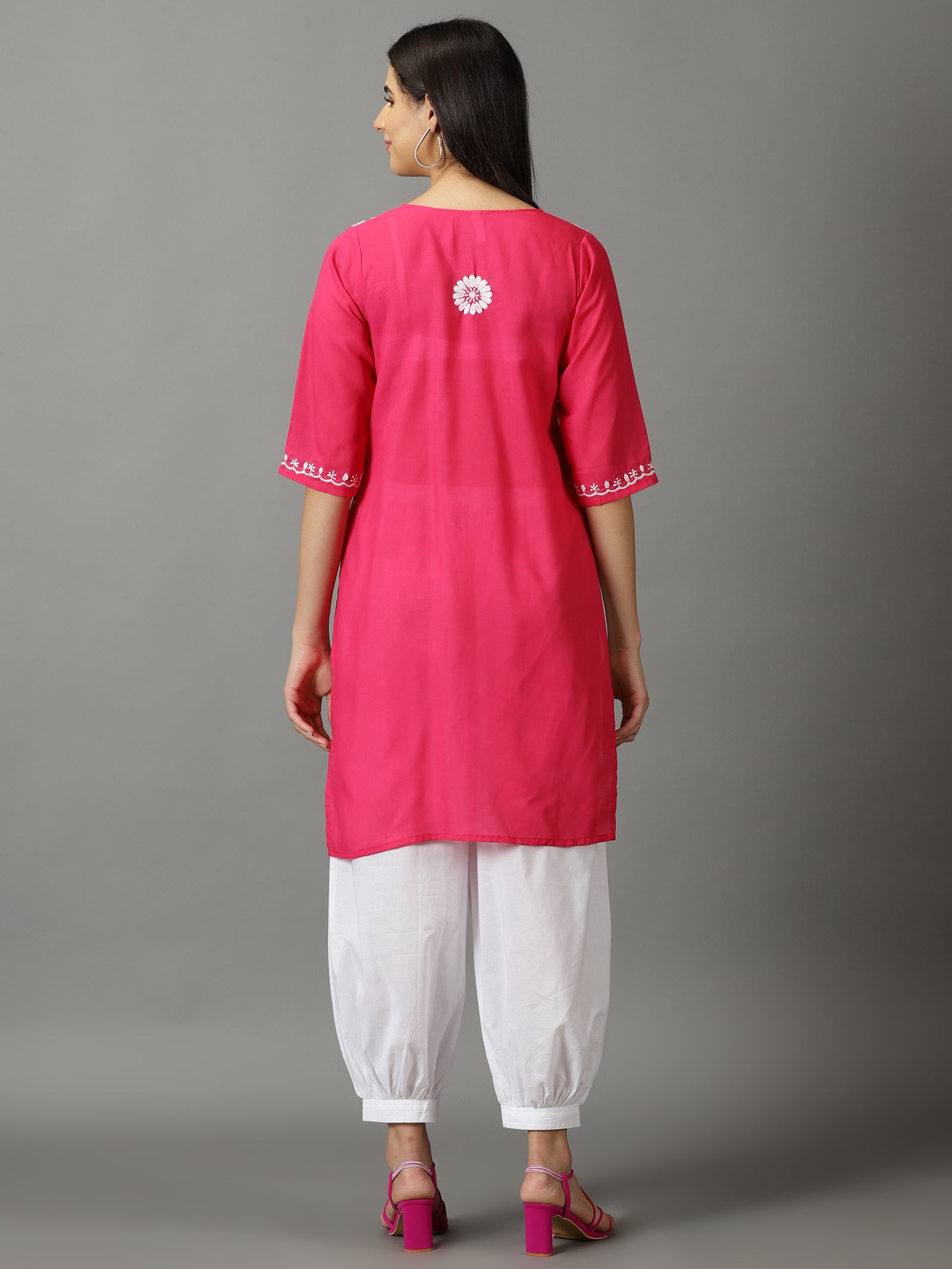 Pink Lucknowi Chikankari Kurta With Cuff Pant