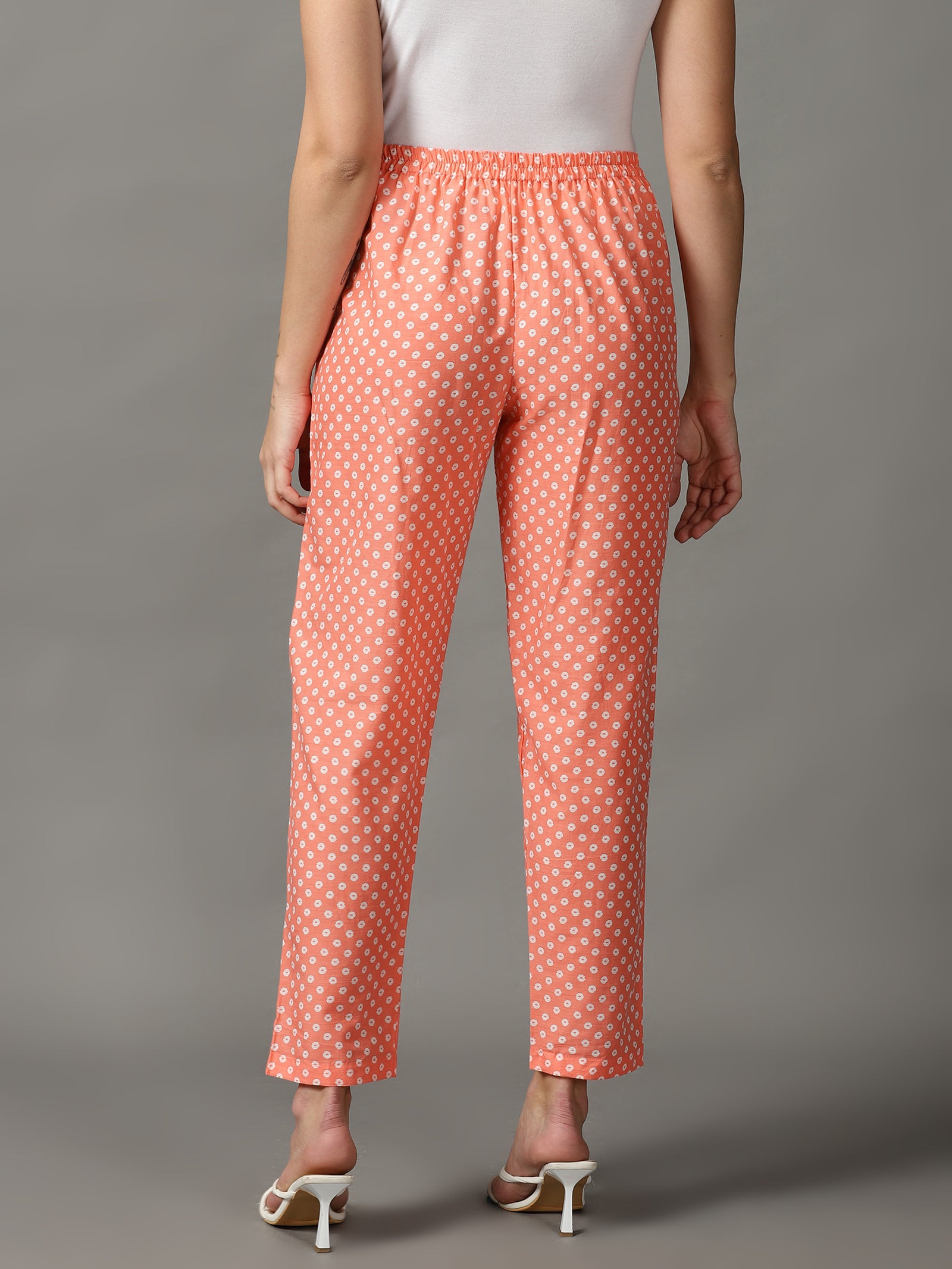 Women Peach Printed Cotton Trousers