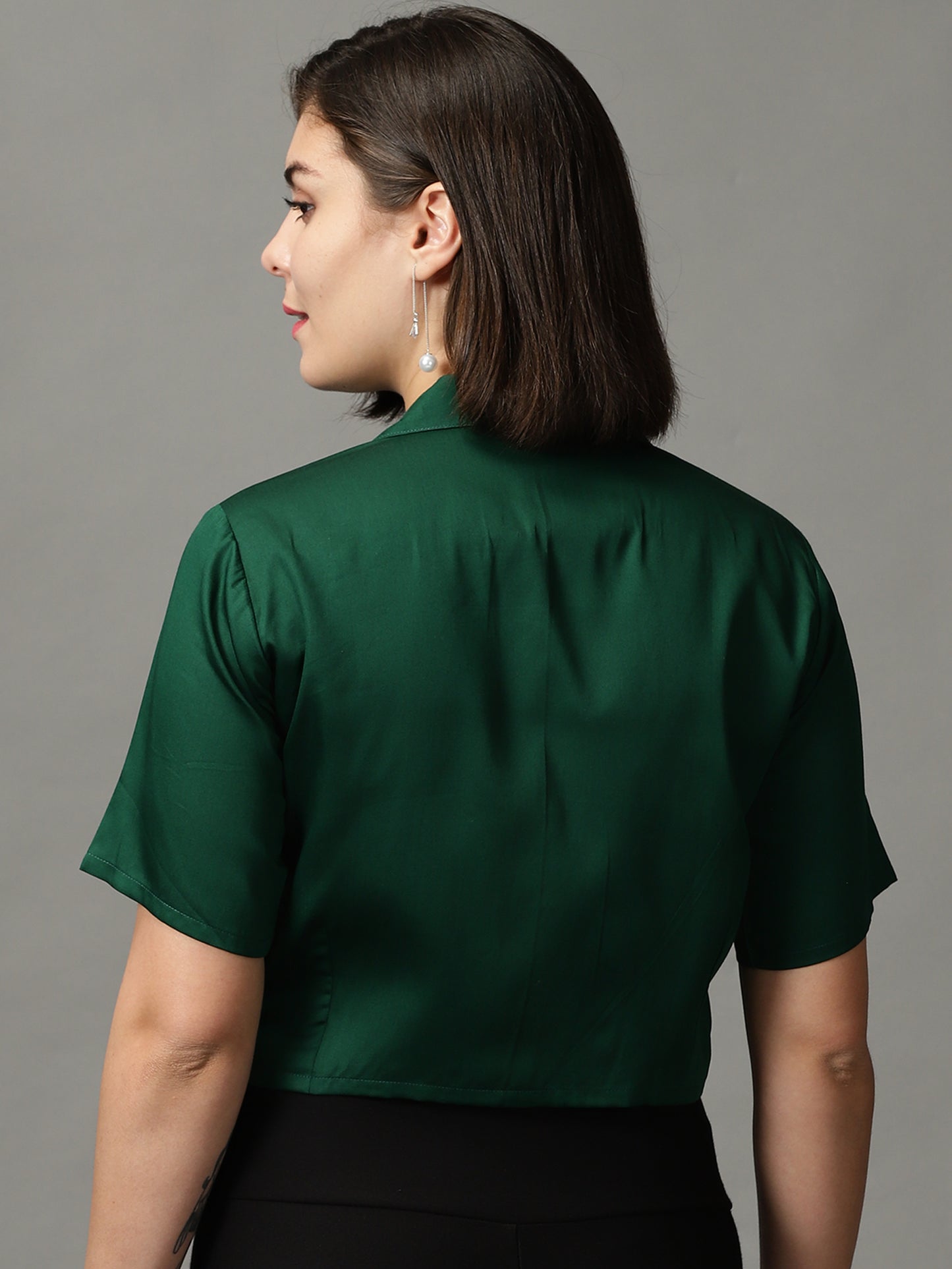 Women Green Solid Shirt Style Crop Top