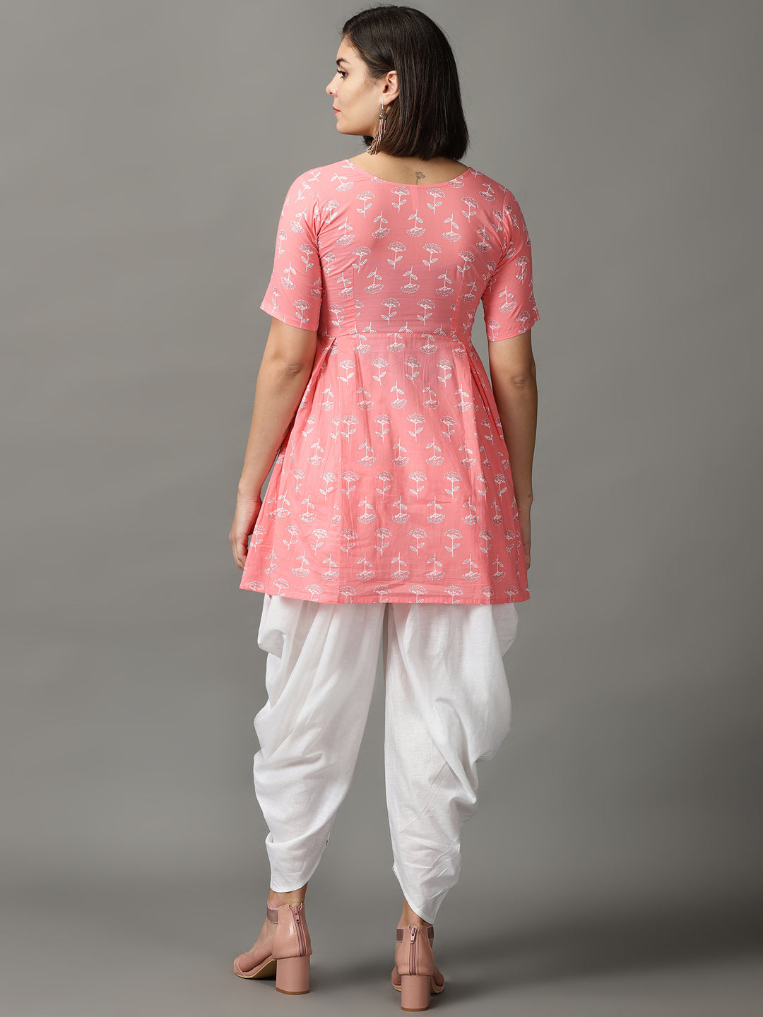 Pink Printed Cotton Kurta With Dhoti