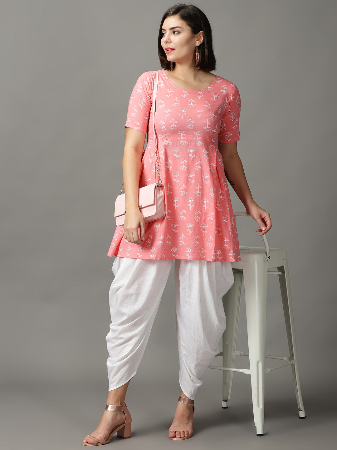 Pink Printed Cotton Kurta With Dhoti