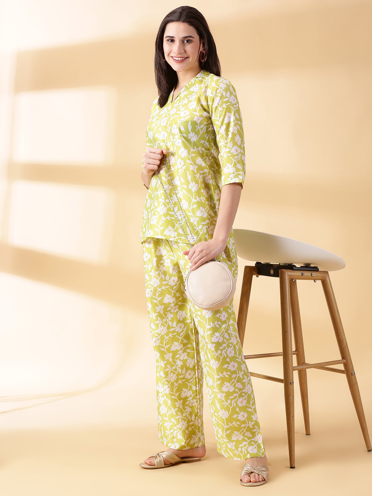 Women Green Cotton Mix Polyster Co-Ord-Set