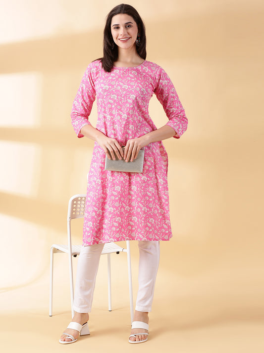 Women Pink Cotton Kurta With Trouser