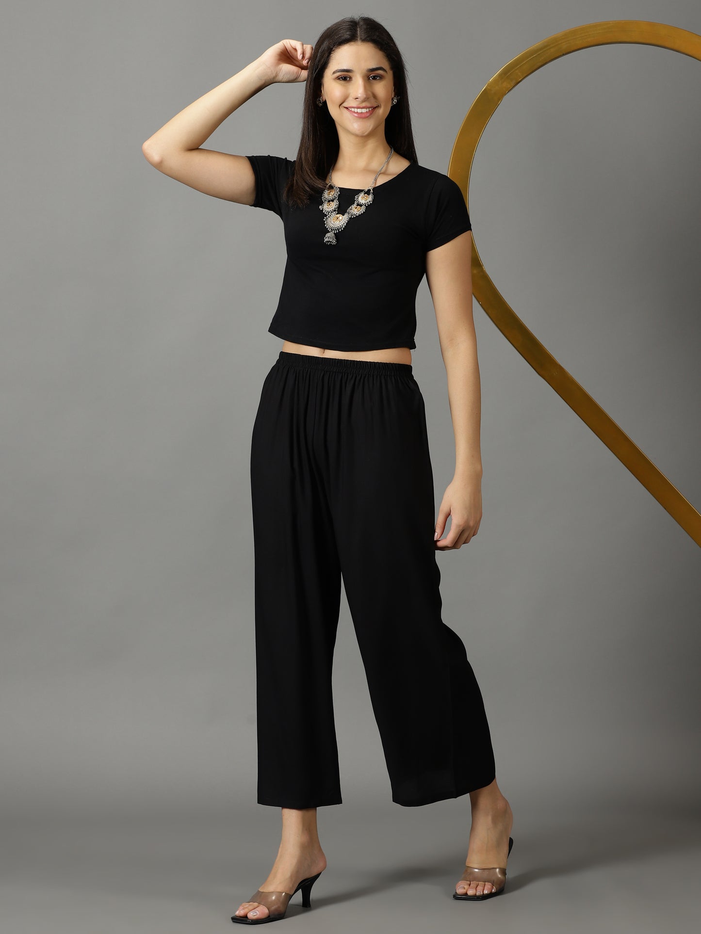 Black Solid Rayon Palazzos