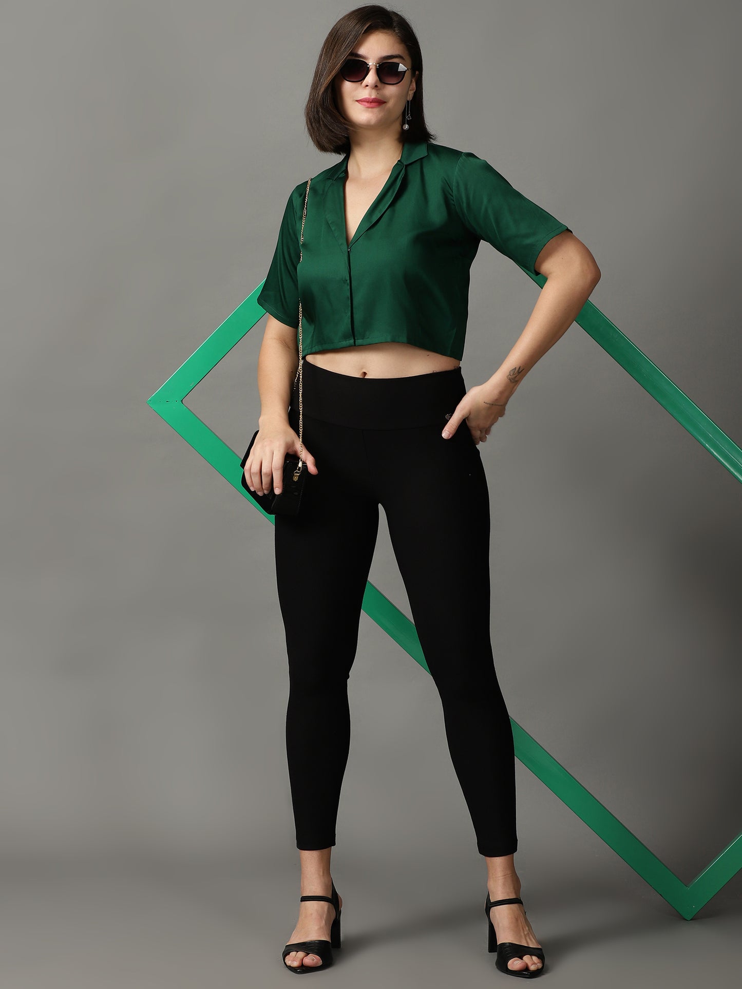 Women Green Solid Shirt Style Crop Top