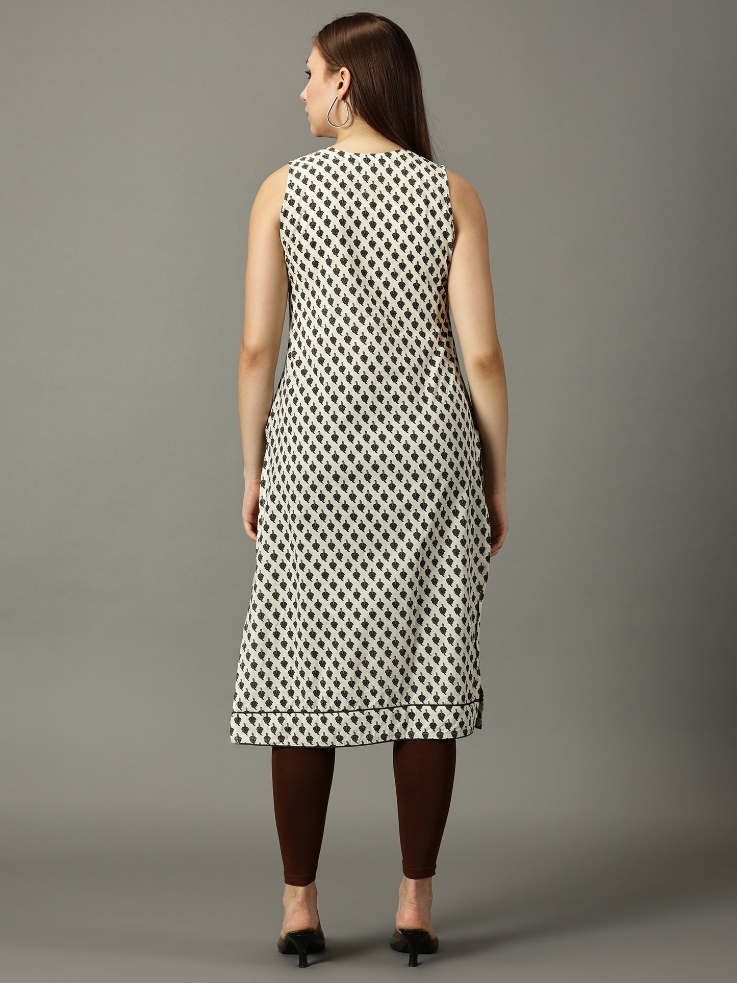 Women Off White Printed Cotton Kurta