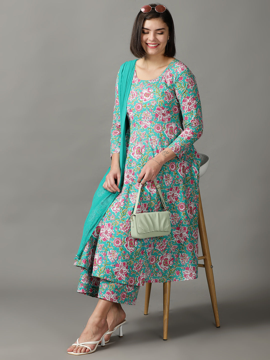 Multi Printed Cotton Anarkali Kurta With Palazzos & Dupatta