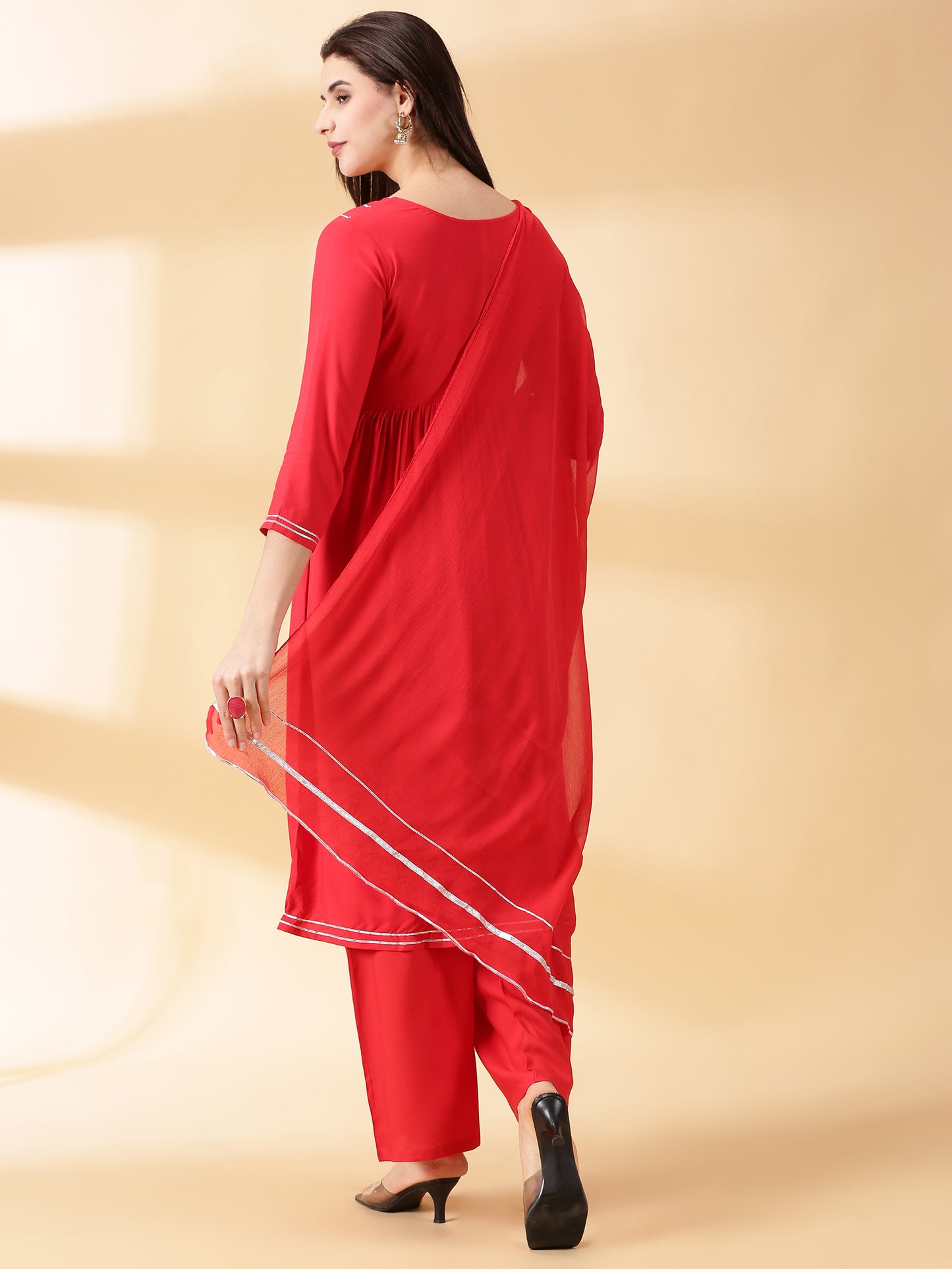 Women Red Reyon Alia Cut Kurta With Palazzos & Dupatta