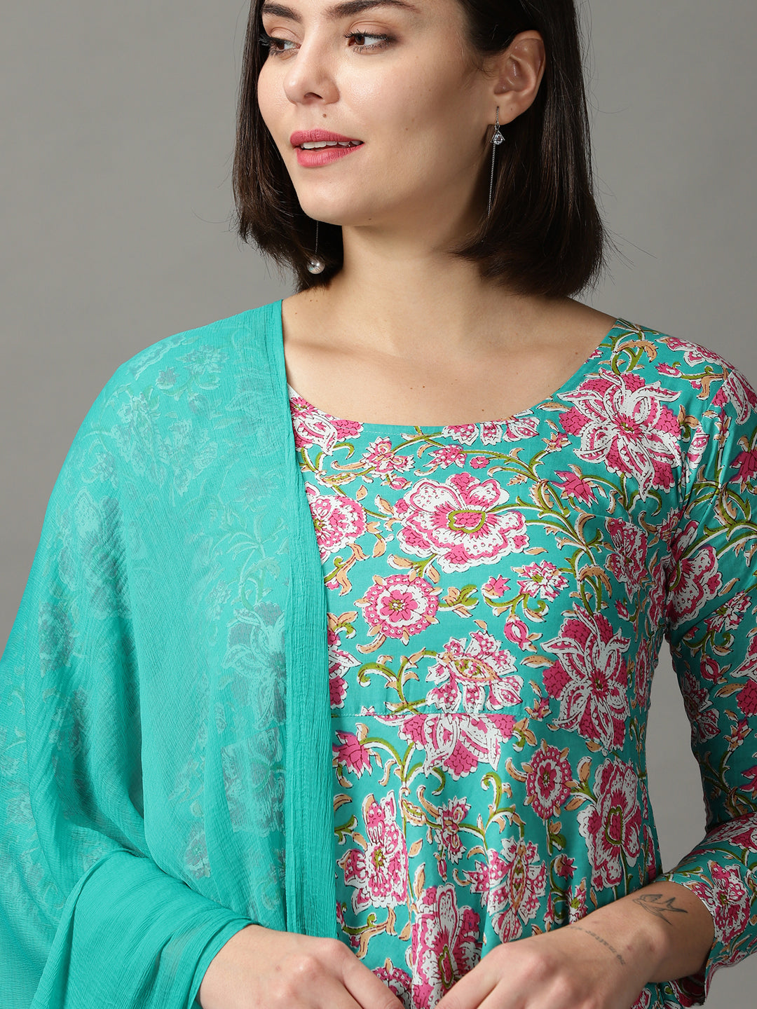 Multi Printed Cotton Anarkali Kurta With Palazzos & Dupatta