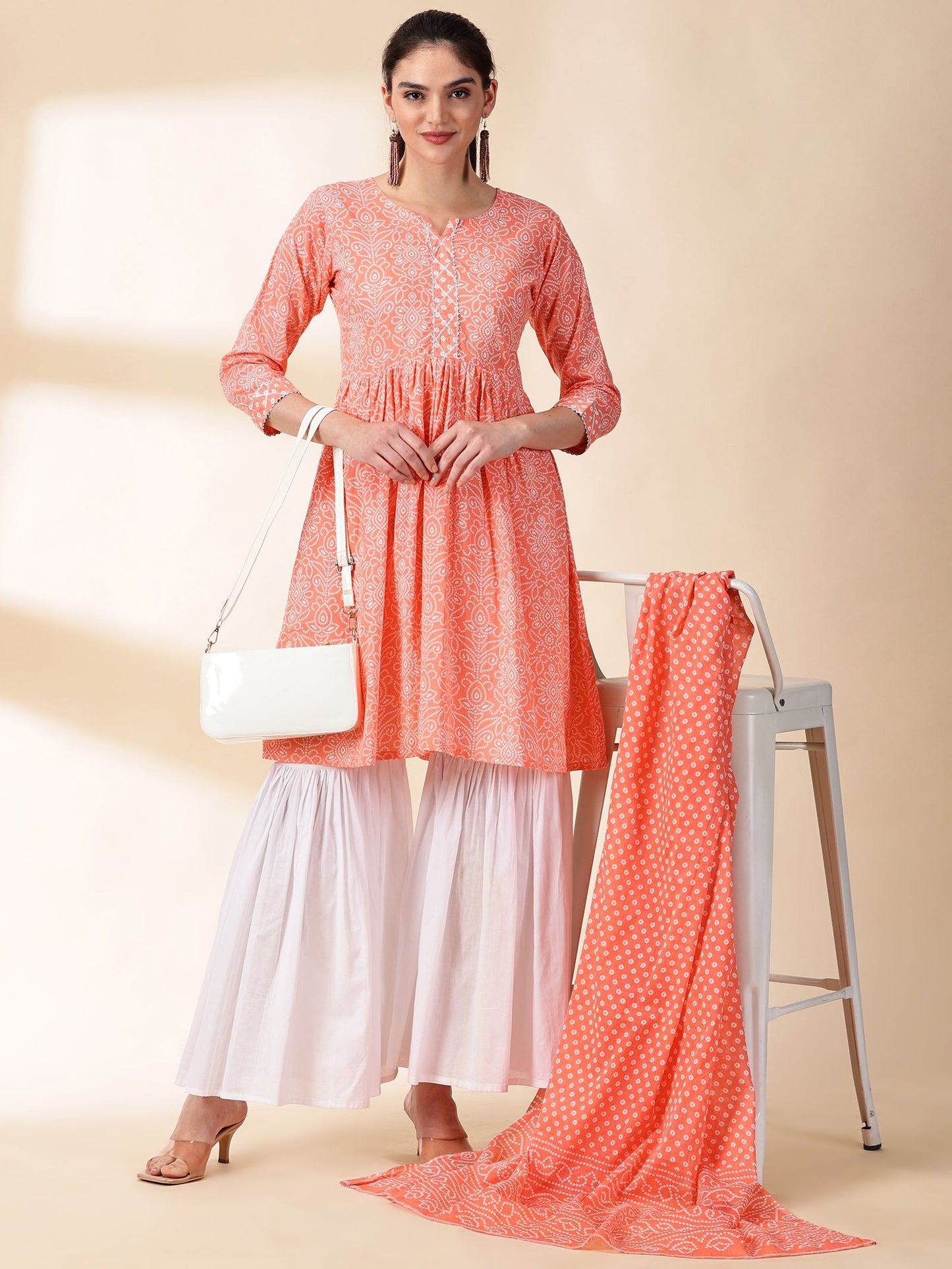 Women Peach Printed Cotton Kurta With Sharara & Duptta