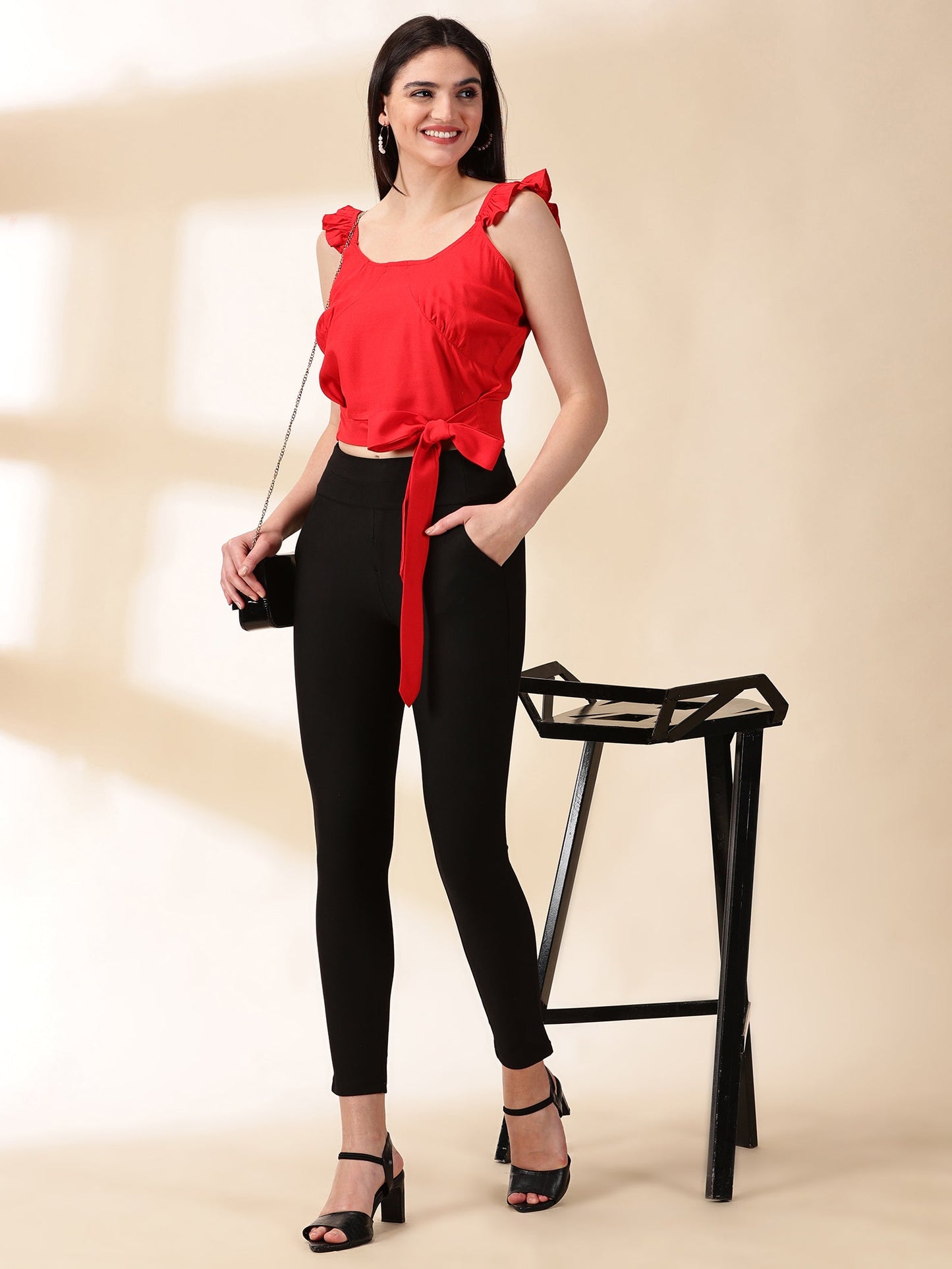 Women Red Reyon Crop Top