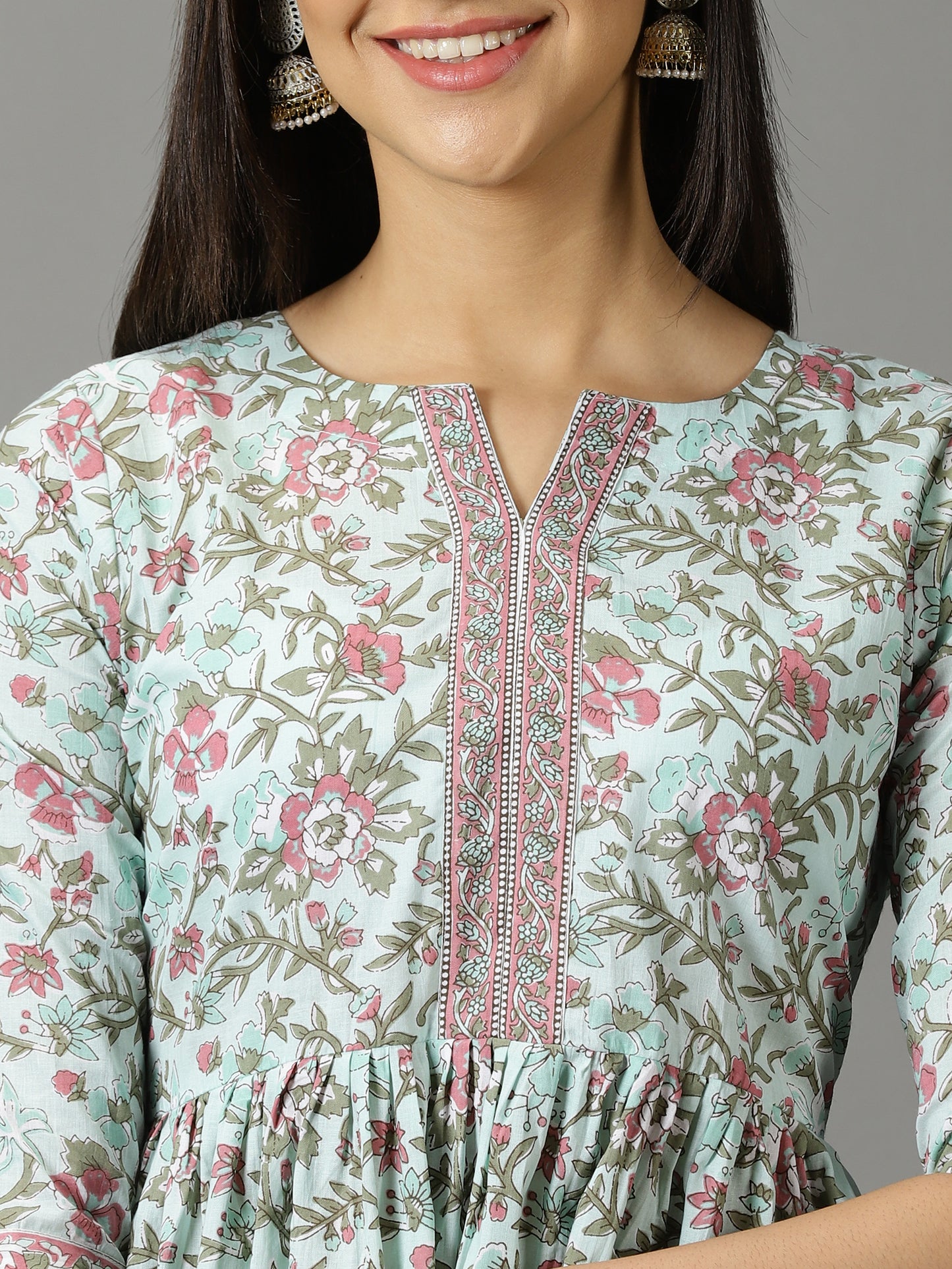 Blue Printed A-Line Cotton Kurta With Trouser & Dupatta
