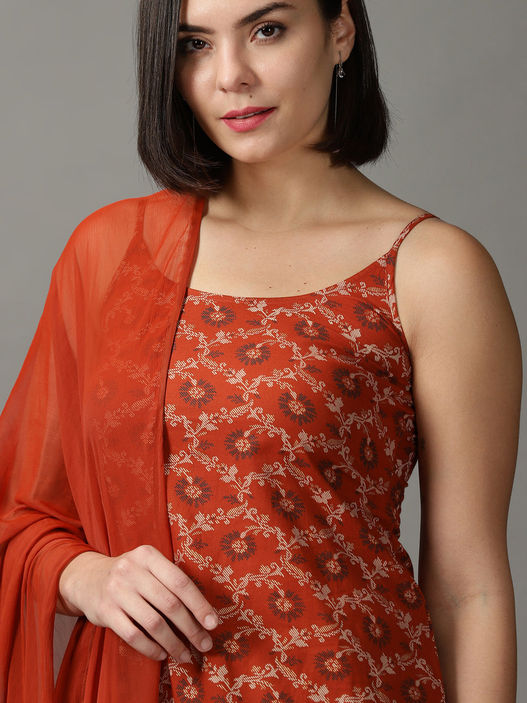 Brown Cotton Kurta With Trouser & Dupatta
