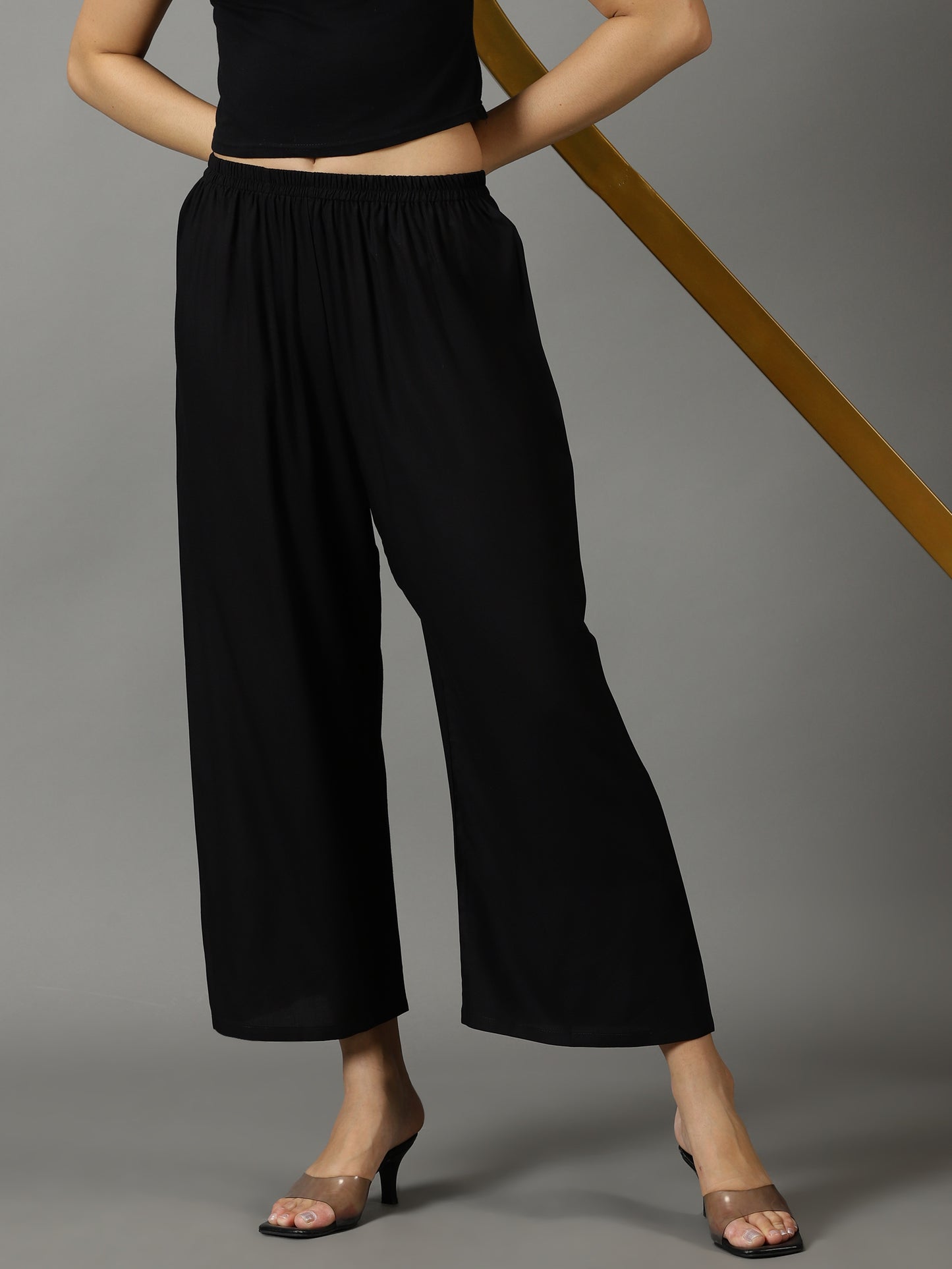Black Solid Rayon Palazzos