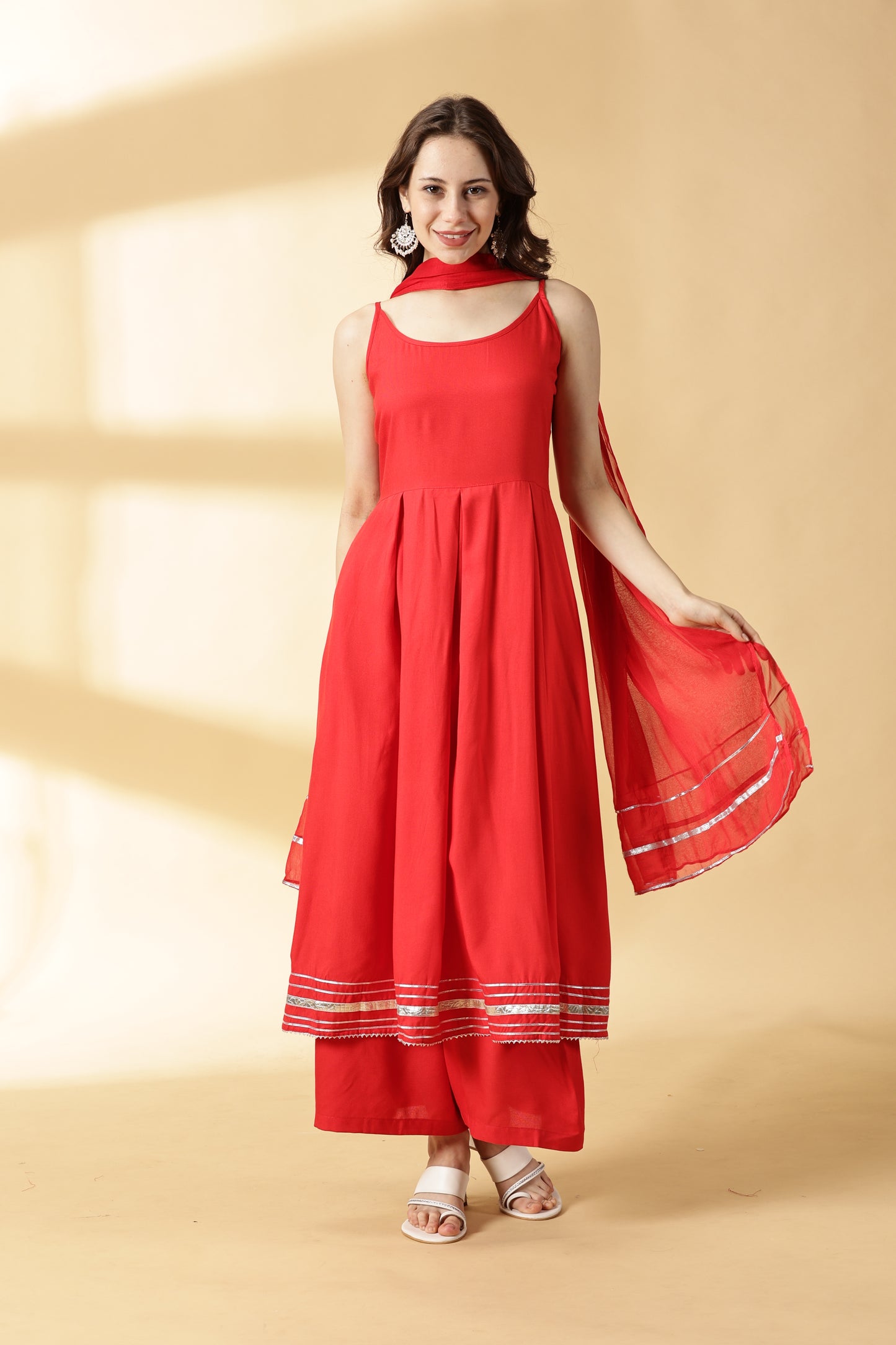 Women Red Anarkali Kurta With Palazzo &Dupatta