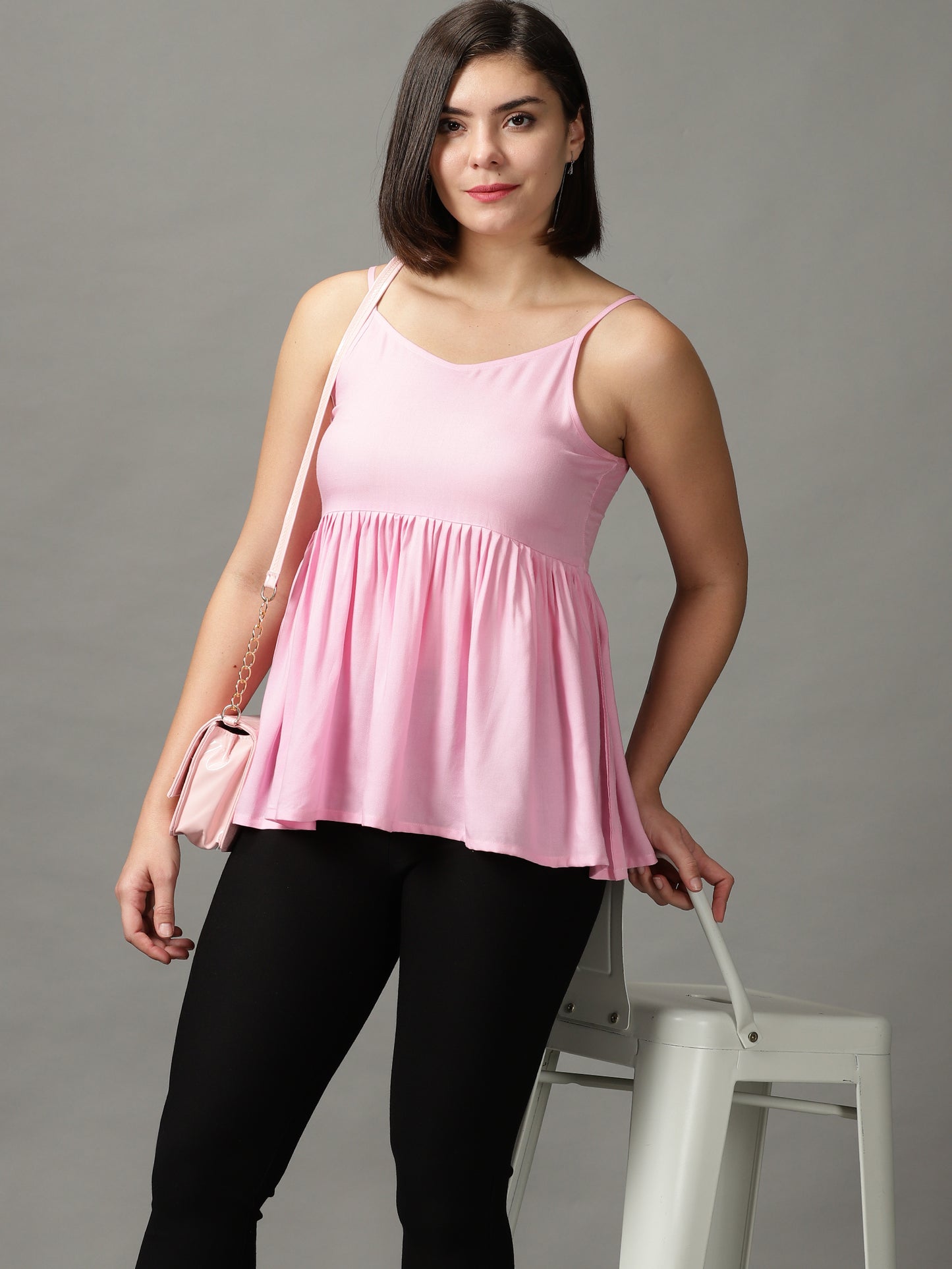 Pink Rayon Sholder Strip A Line Top