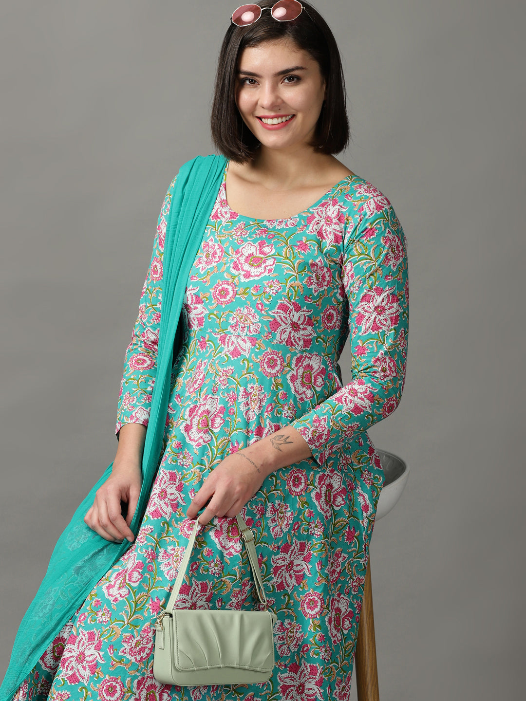 Multi Printed Cotton Anarkali Kurta With Palazzos & Dupatta
