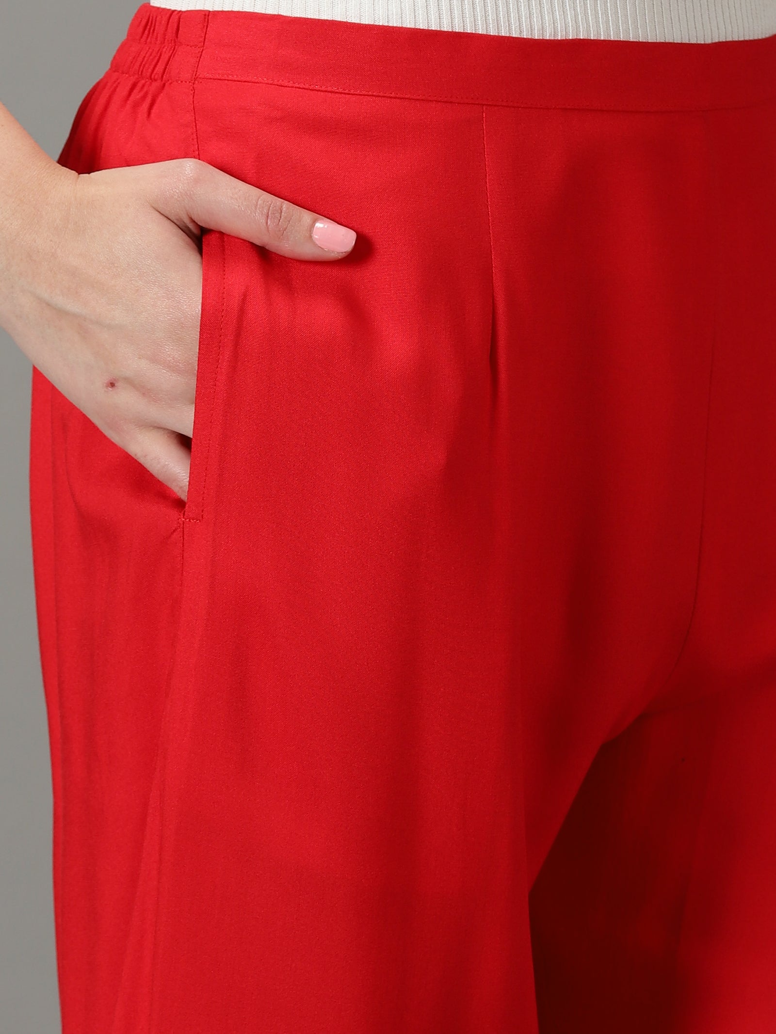 Women Red Solid Fit Trousers
